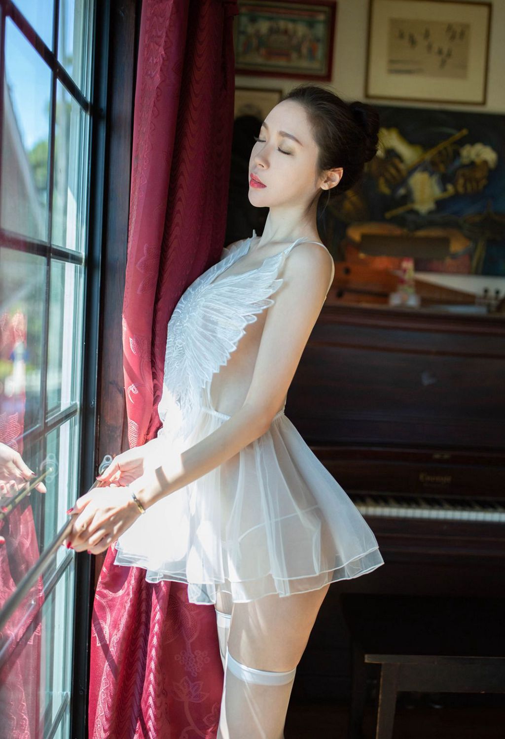 เซ็กซี่ เลซ บัลเลต์ สาวสวย เมิ่งซินยฺวี การล่อหลอก ขายาว ถุงเท้าขาว ภาพถ่าย
