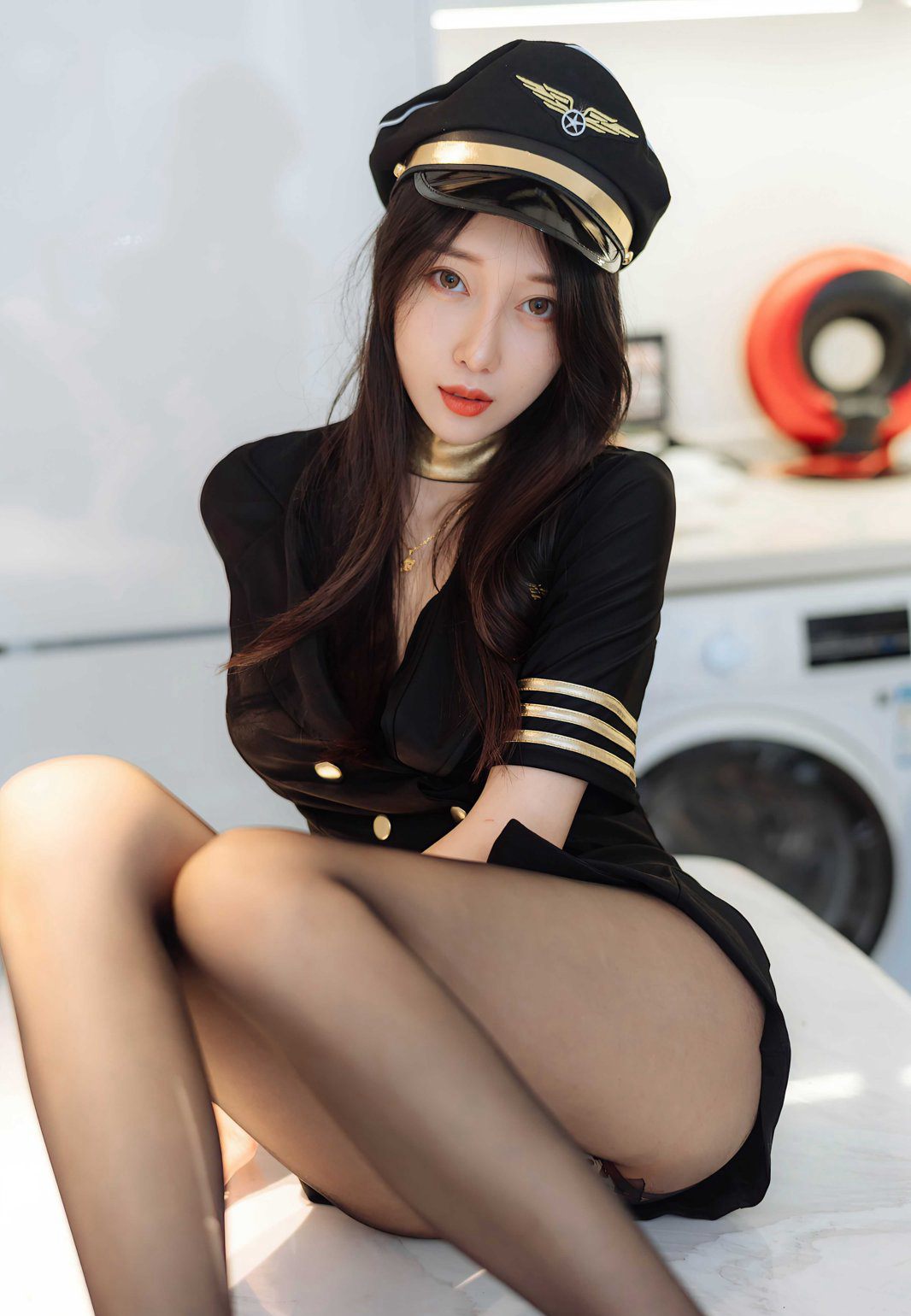 유얼 유어의 섹시 스튜어디스 제복, 극품 블랙 스톡킹, 미녀 다리, 하이힐 인체