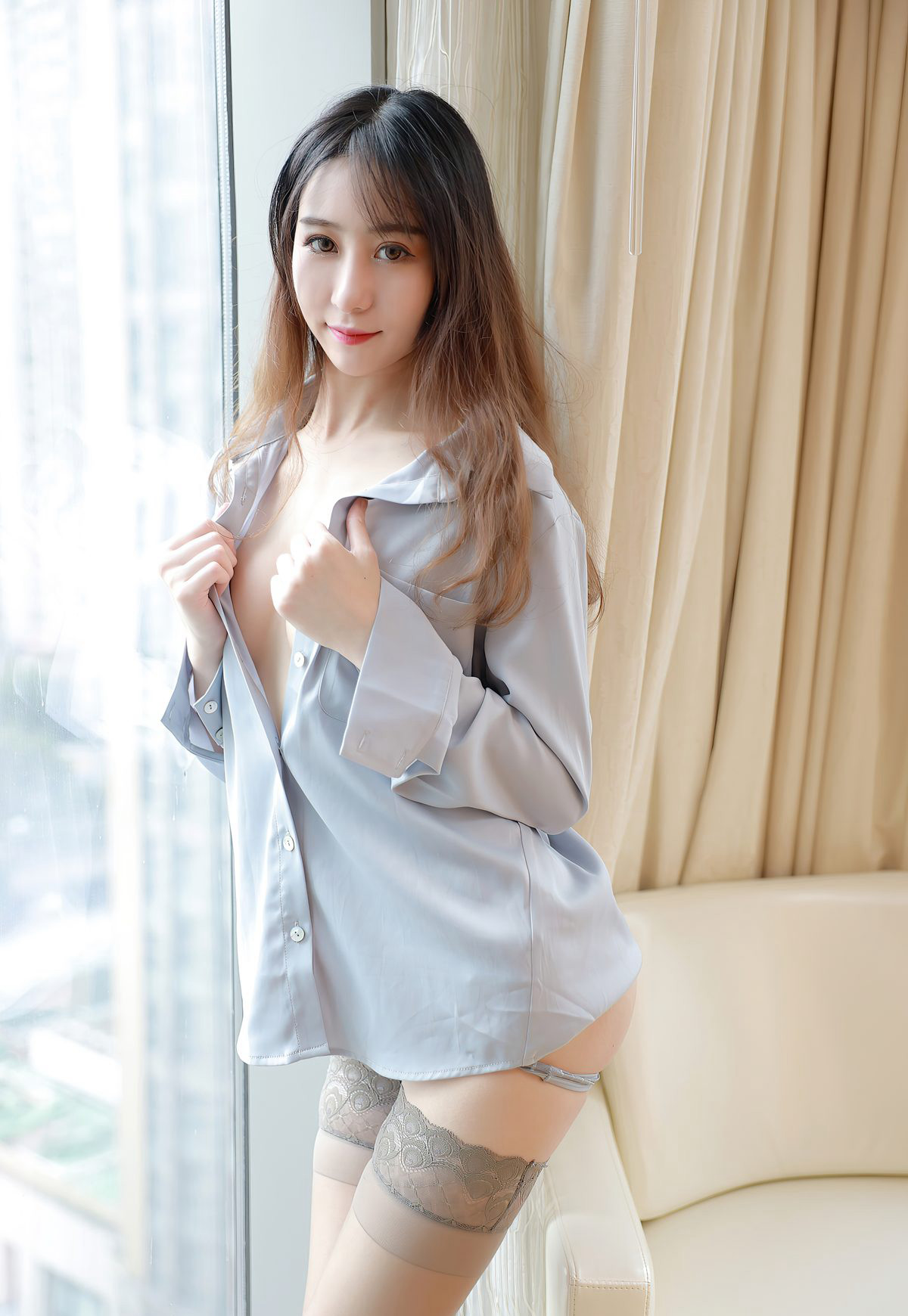 Premium ultra-thin gray silk sexy lace erotic underwear with flirtatious high heels for a high and perky buttocks pose