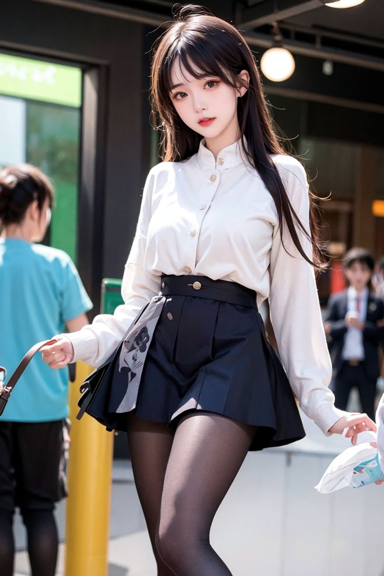 Ảnh chụp đường phố: Thiếu nữ ngây thơ mặc váy xếp ly và tất đen.