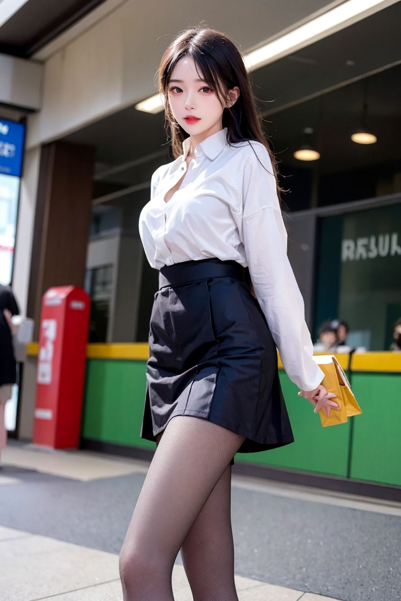 Ảnh chụp đường phố: Thiếu nữ ngây thơ mặc váy xếp ly và tất đen.
