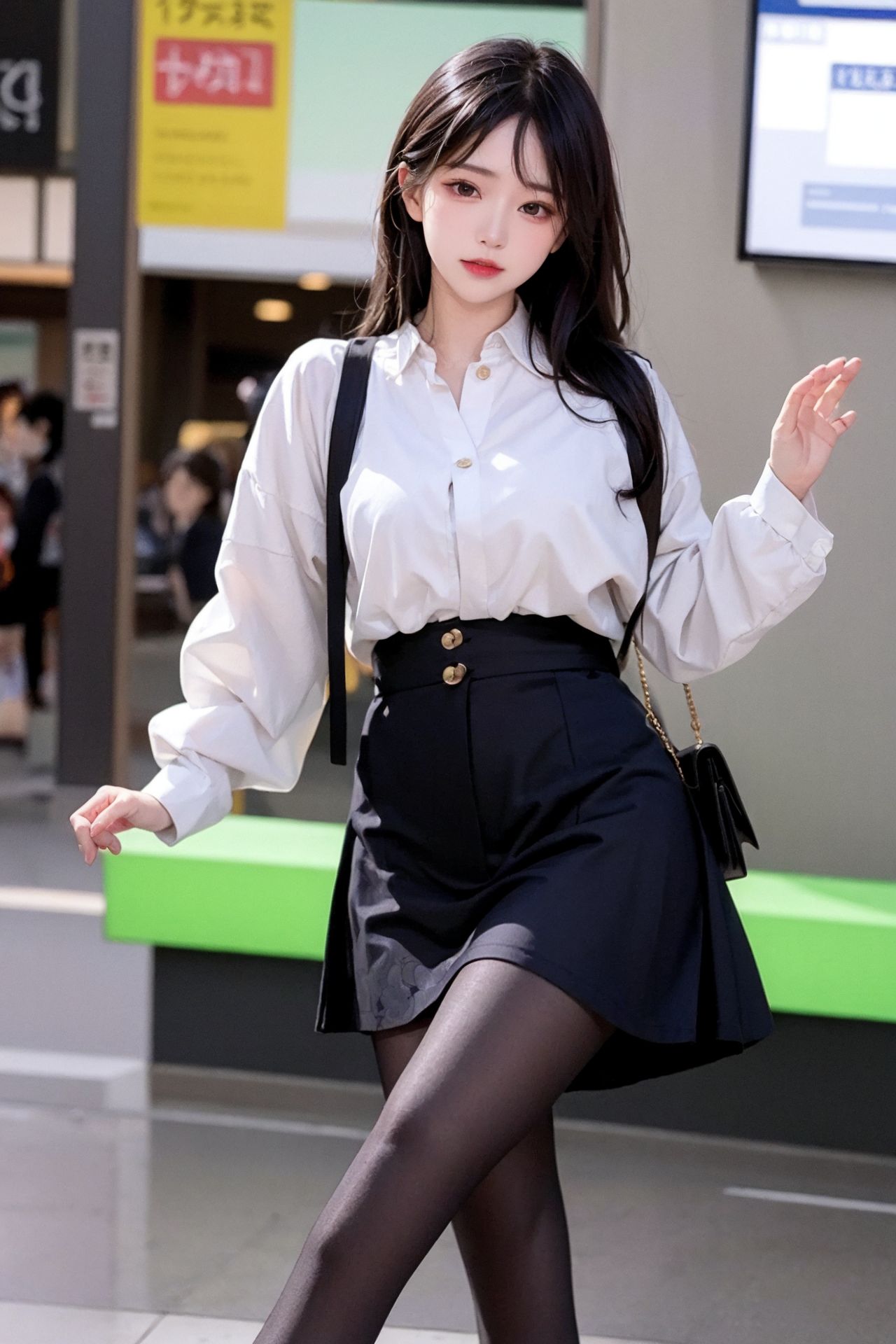 Ảnh chụp đường phố: Thiếu nữ ngây thơ mặc váy xếp ly và tất đen.