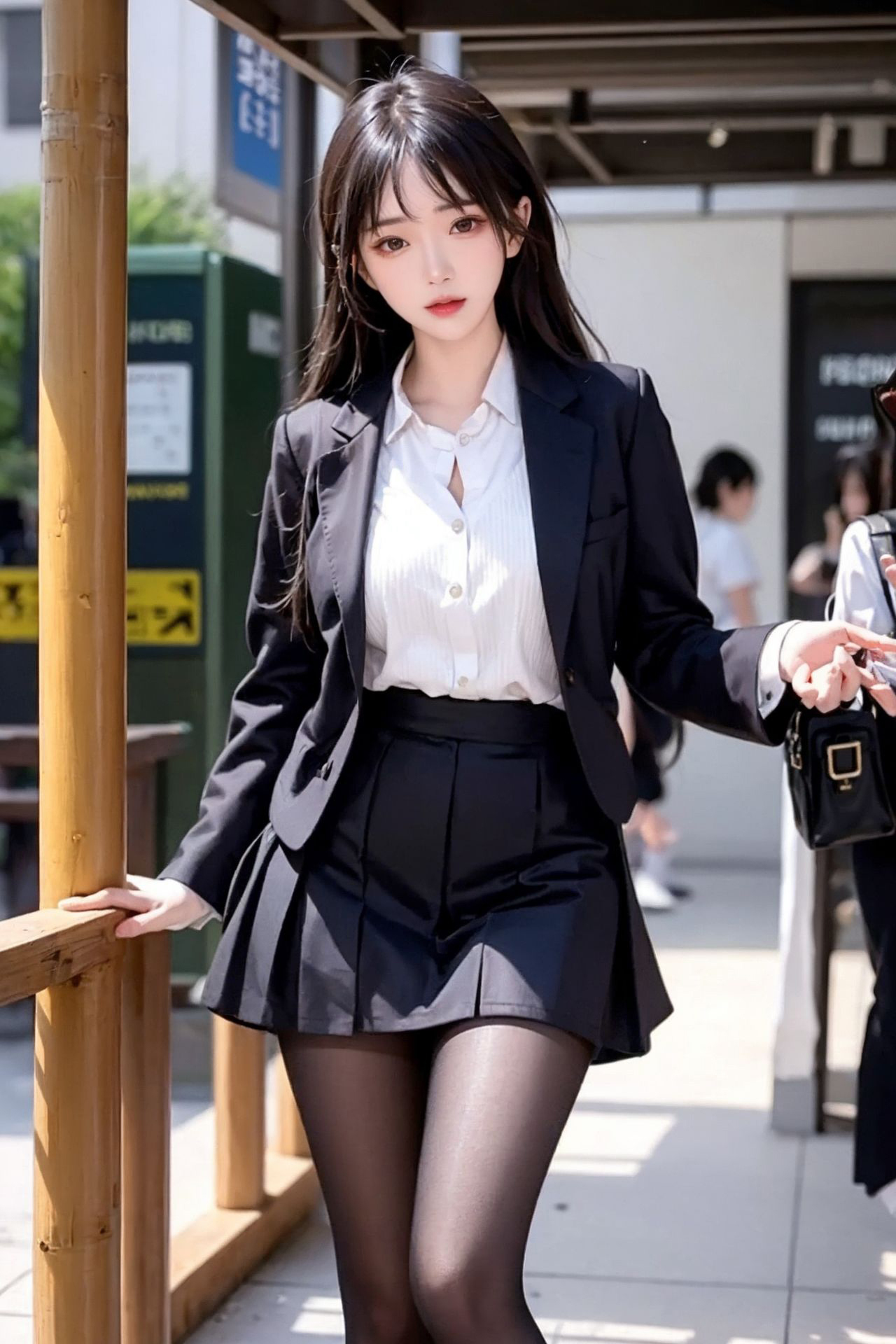 Ảnh chụp đường phố: Thiếu nữ ngây thơ mặc váy xếp ly và tất đen.