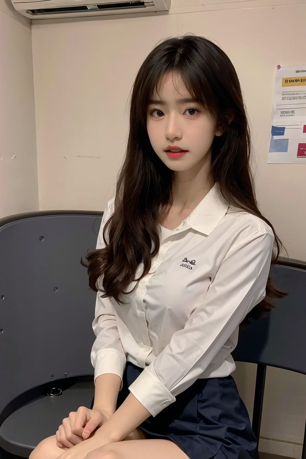 The female high school student in a sailor uniform in the classroom.
