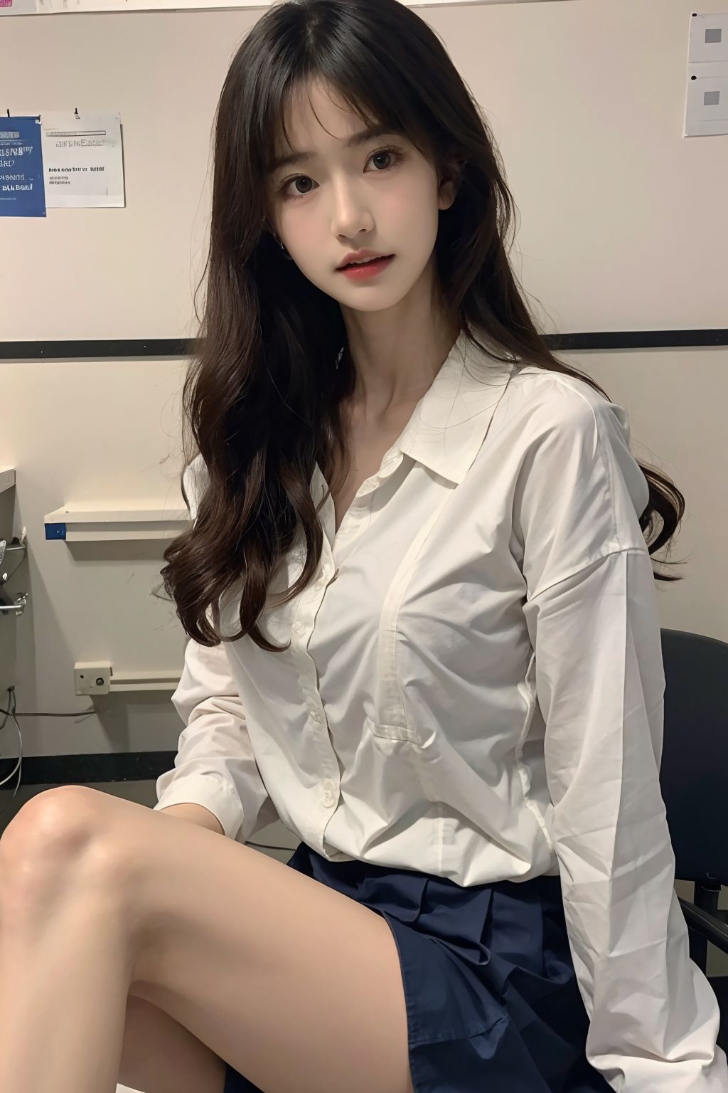 The female high school student in a sailor uniform in the classroom.