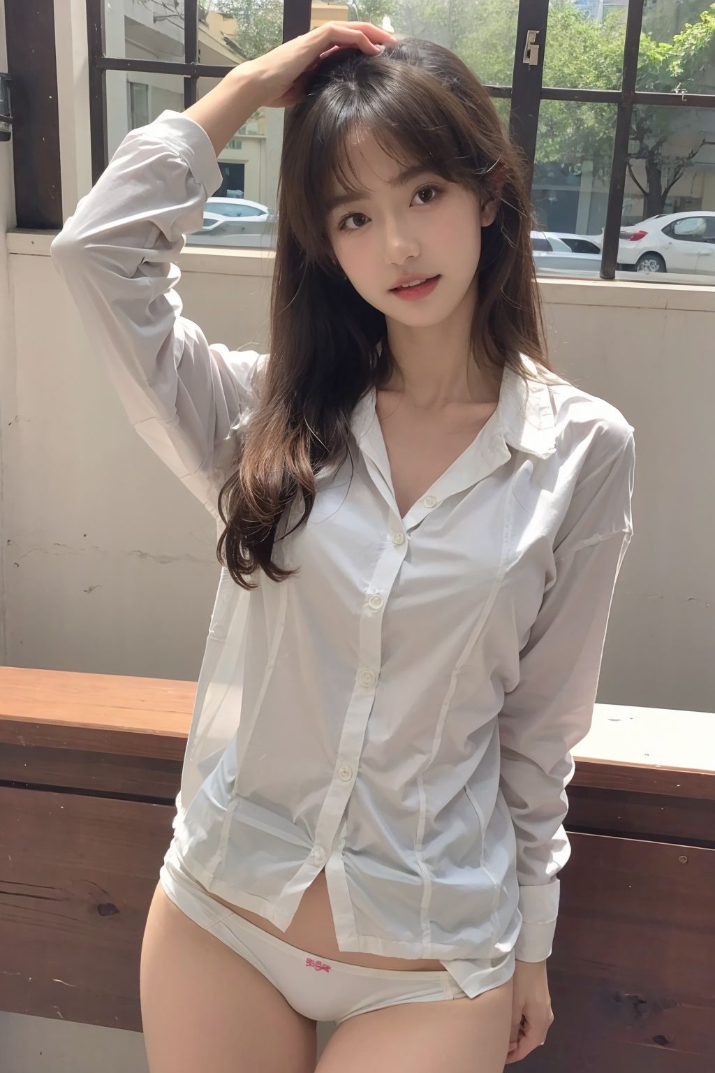The female high school student in a sailor uniform in the classroom.