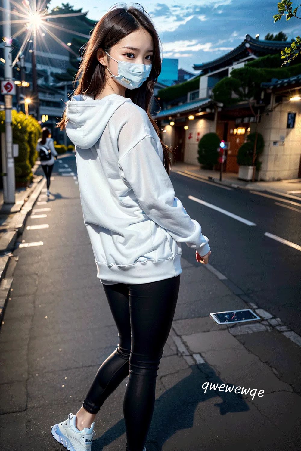 Chụp ảnh đường phố buổi tối: Cô gái cao ráo xinh đẹp mặc quần legging màu trắng.
