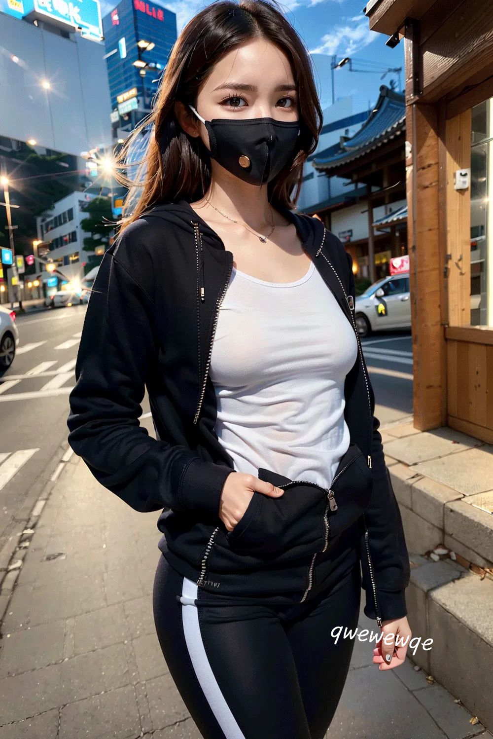 Chụp ảnh đường phố buổi tối: Cô gái cao ráo xinh đẹp mặc quần legging màu trắng.