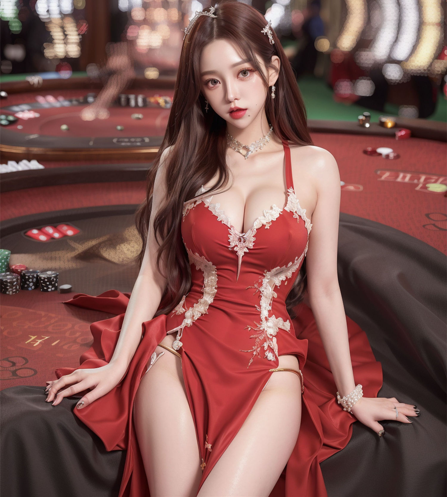 ดีลเลอร์สาวเซ็กซี่ในชุดกระโปรงแดงในคาสิโน