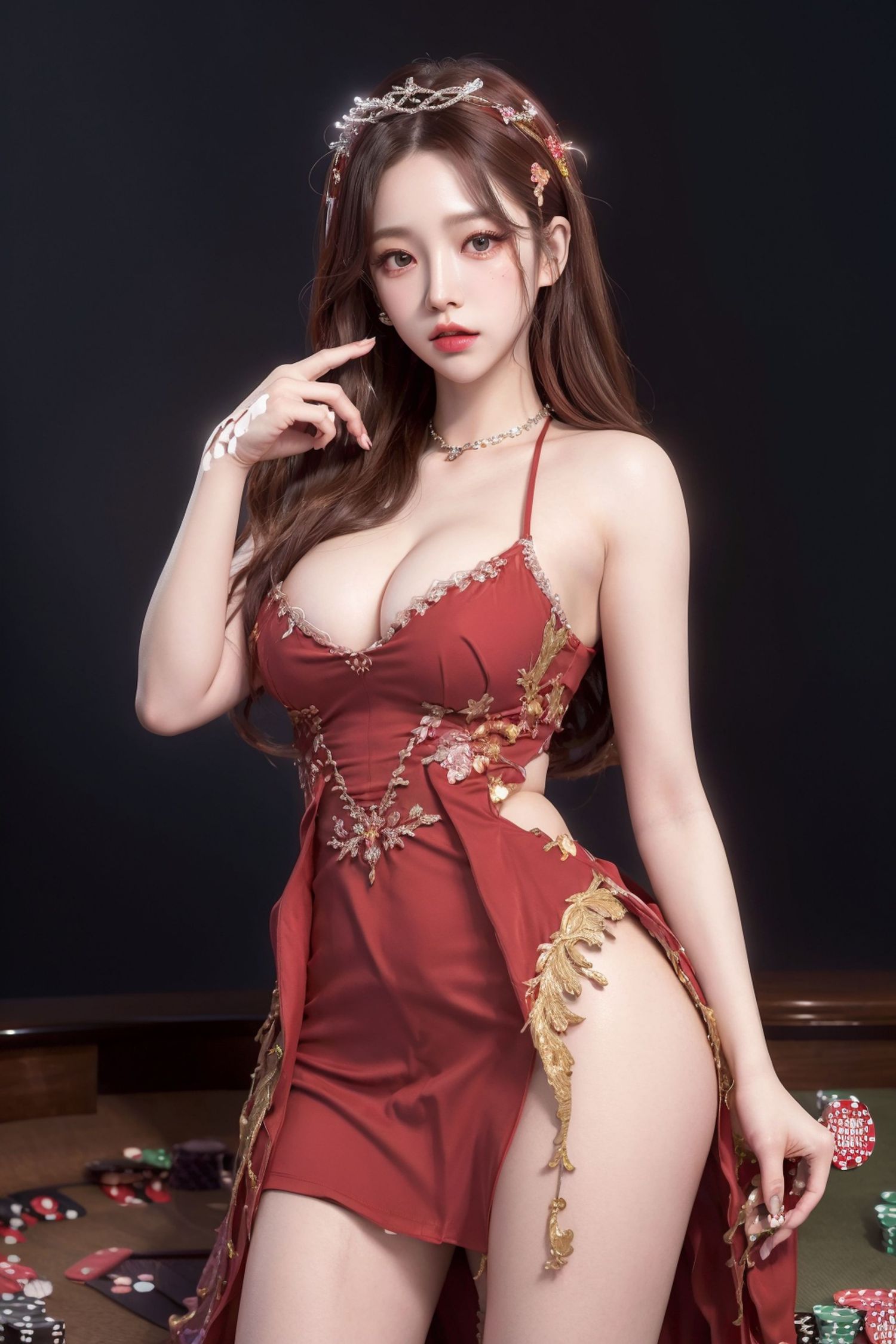 ดีลเลอร์สาวเซ็กซี่ในชุดกระโปรงแดงในคาสิโน