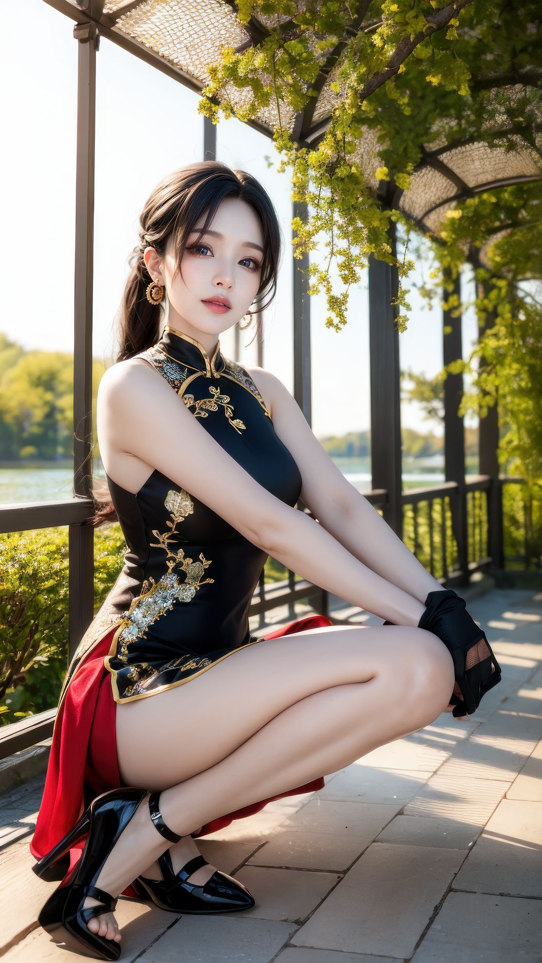Cô gái mặc qipao xẻ tà trong công viên