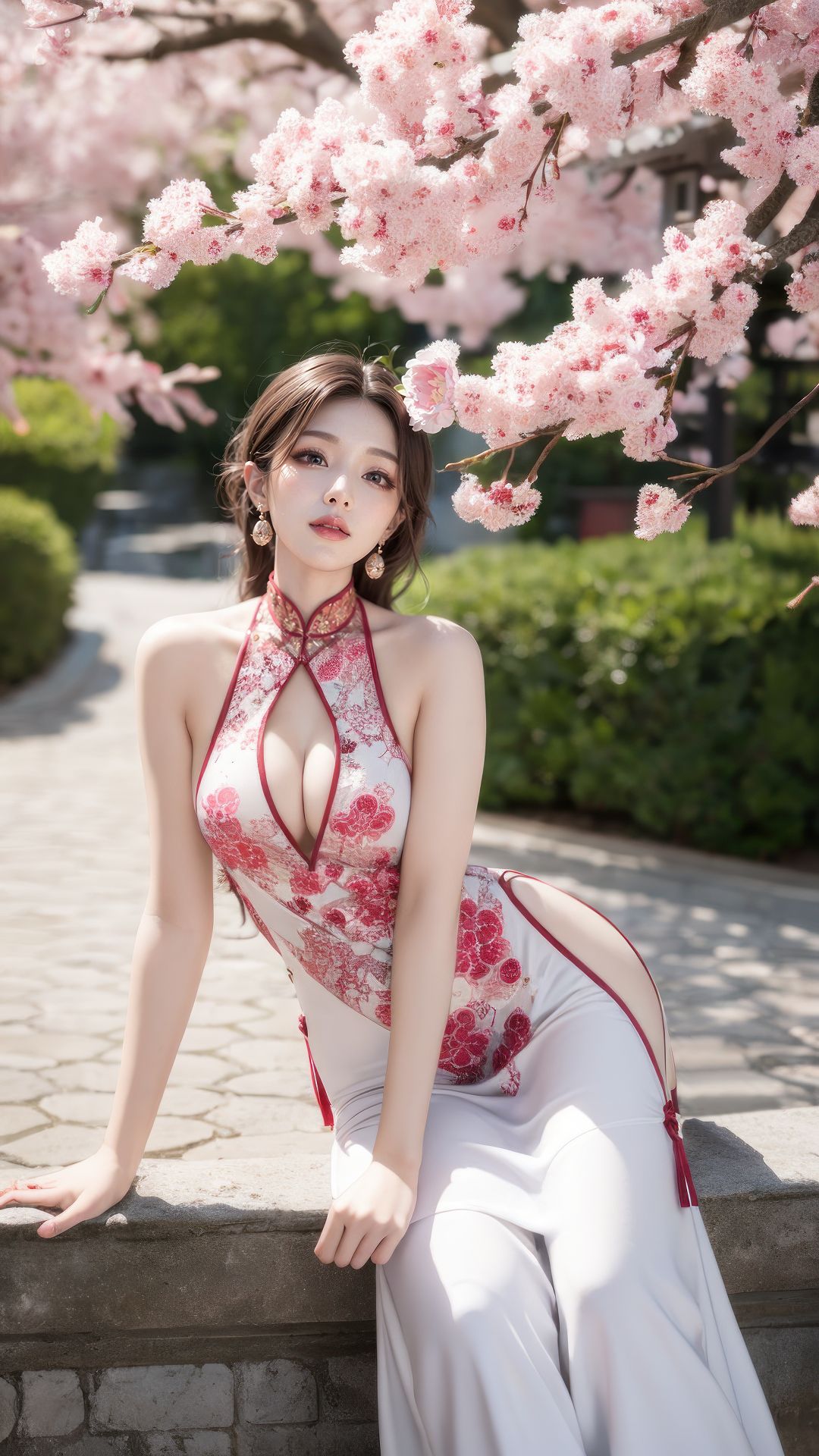 Cô gái mặc qipao xẻ tà trong công viên