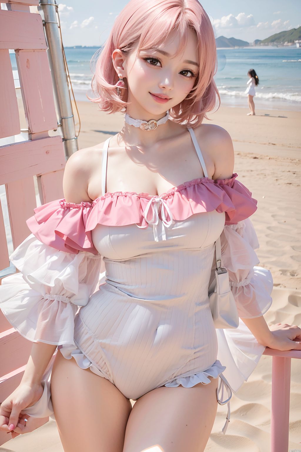 섹시한 모래사장 금발 소녀 귀여운 비키니