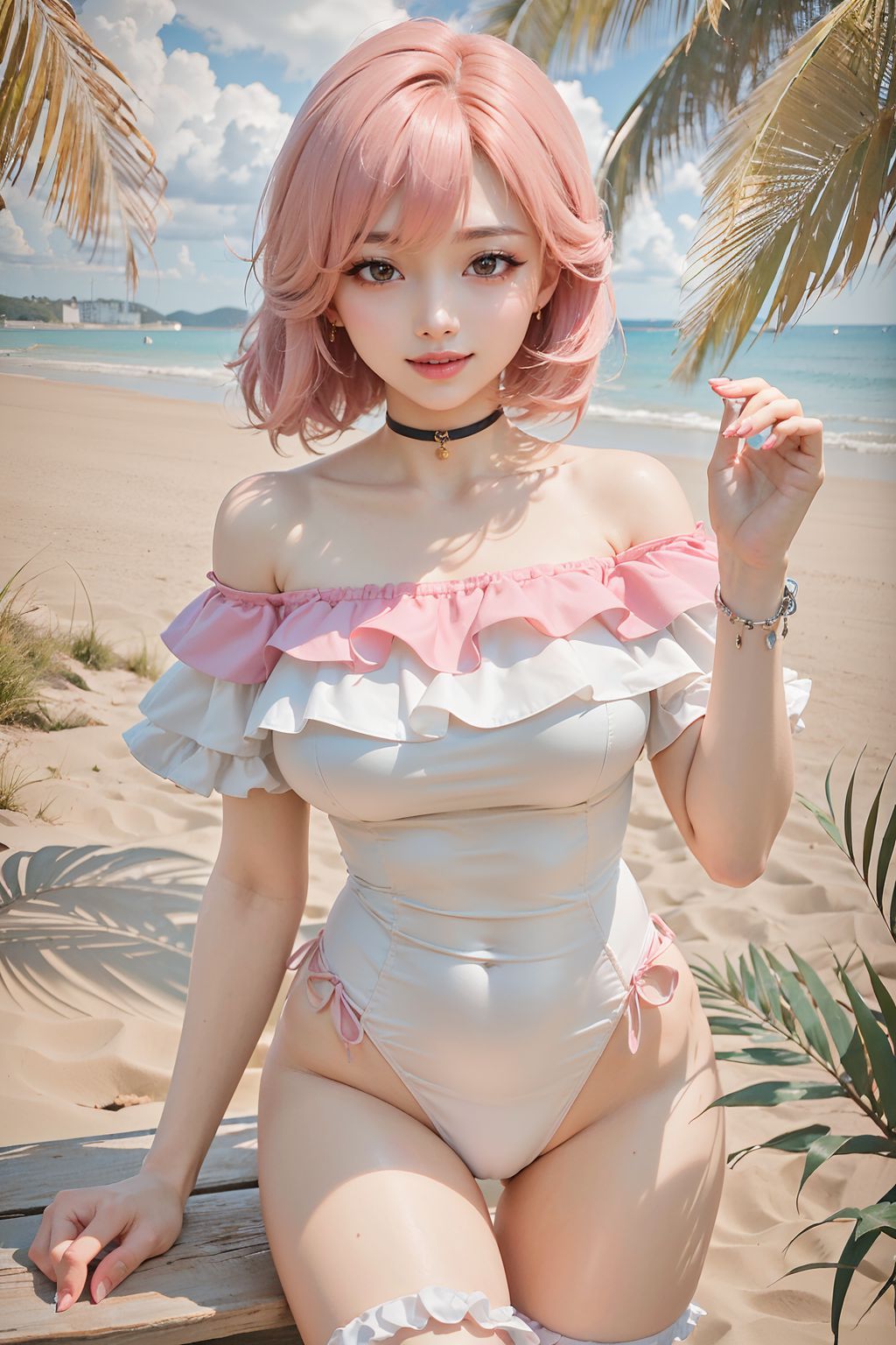 섹시한 모래사장 금발 소녀 귀여운 비키니