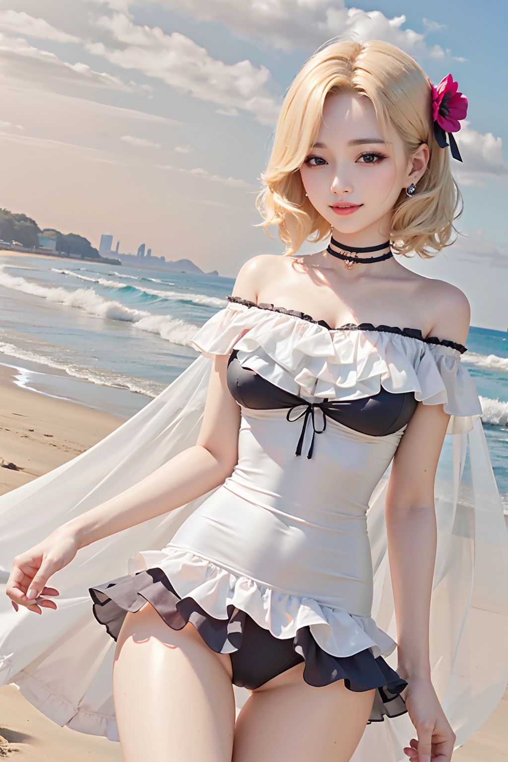 섹시한 모래사장 금발 소녀 귀여운 비키니