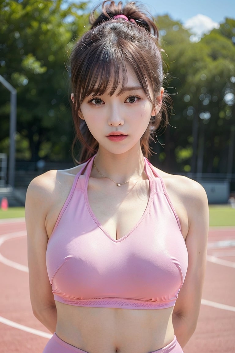 A beautiful girl in pink low-cut sportswear with a single ponytail