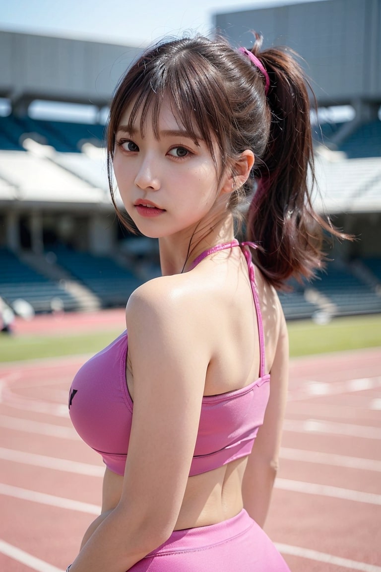 A beautiful girl in pink low-cut sportswear with a single ponytail