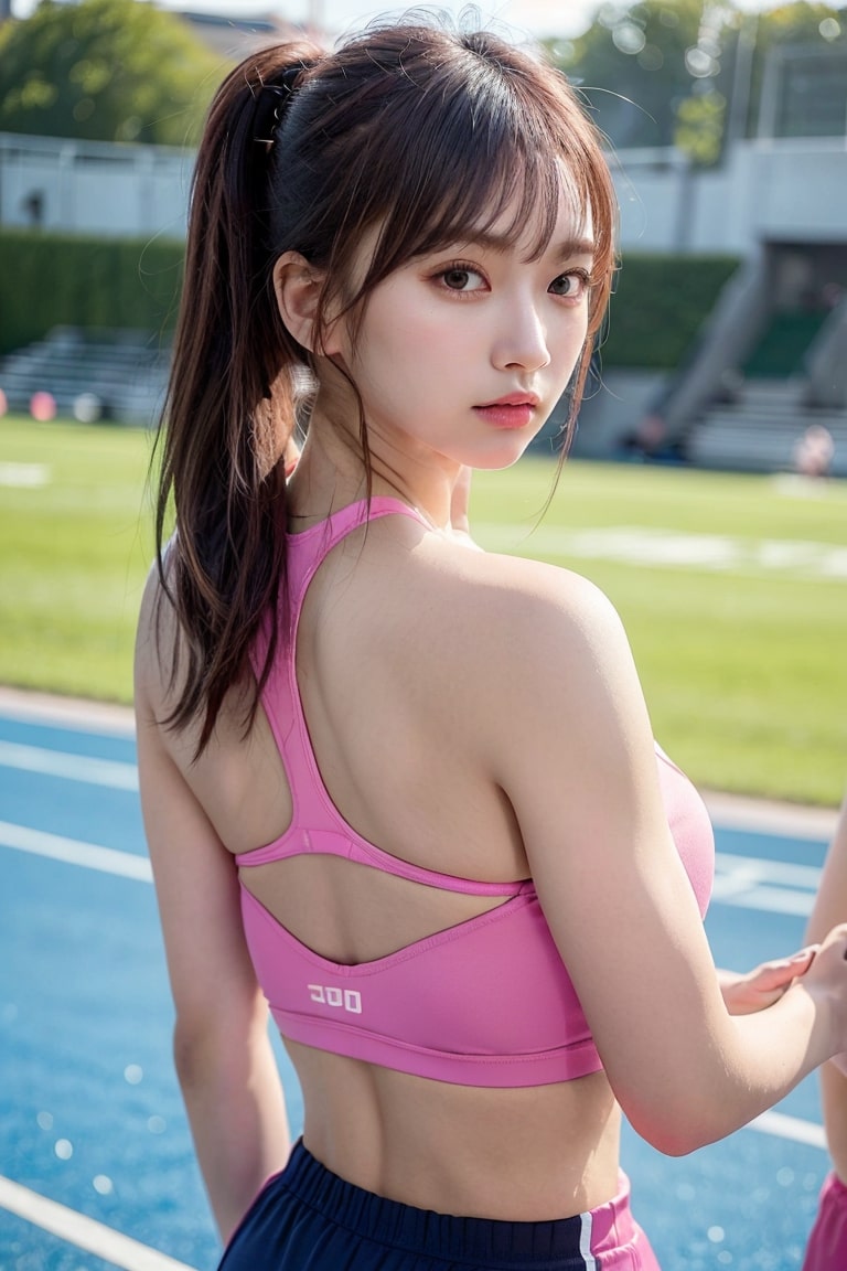 A beautiful girl in pink low-cut sportswear with a single ponytail