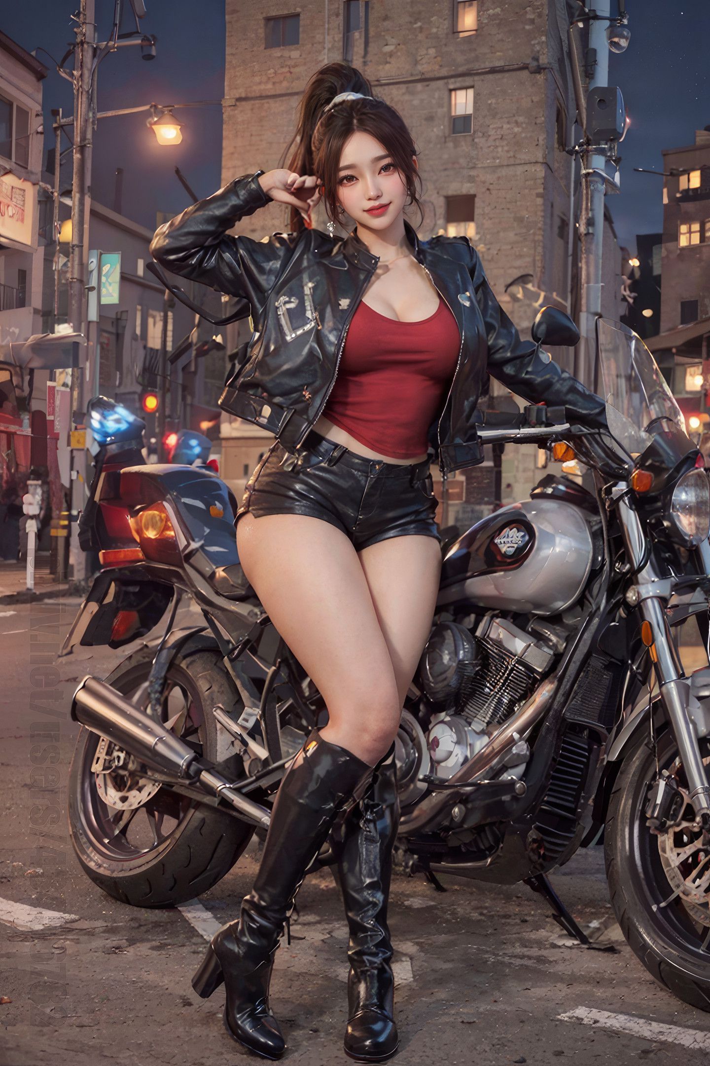 美しい夜空の下のバイク少女