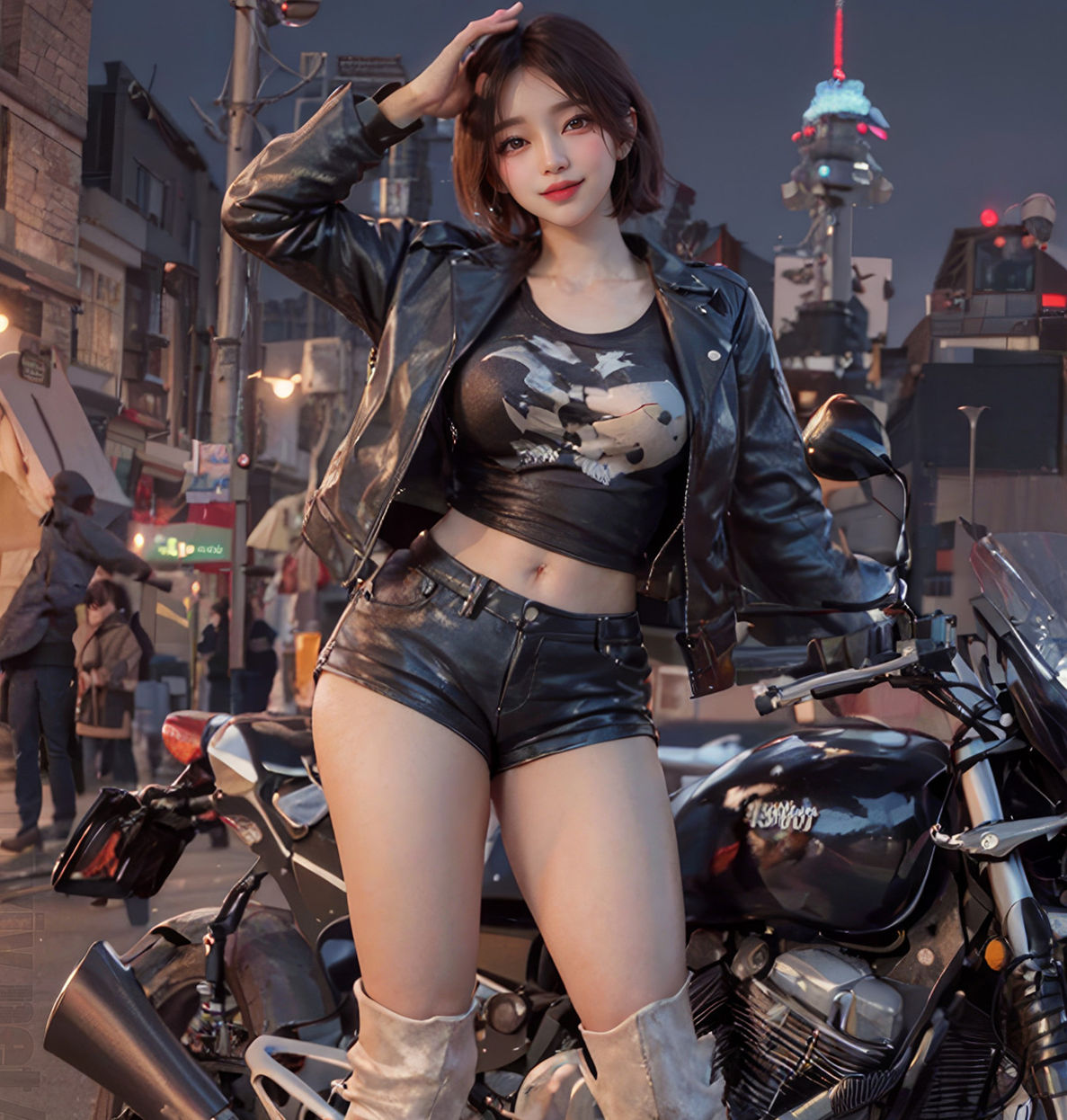 美しい夜空の下のバイク少女