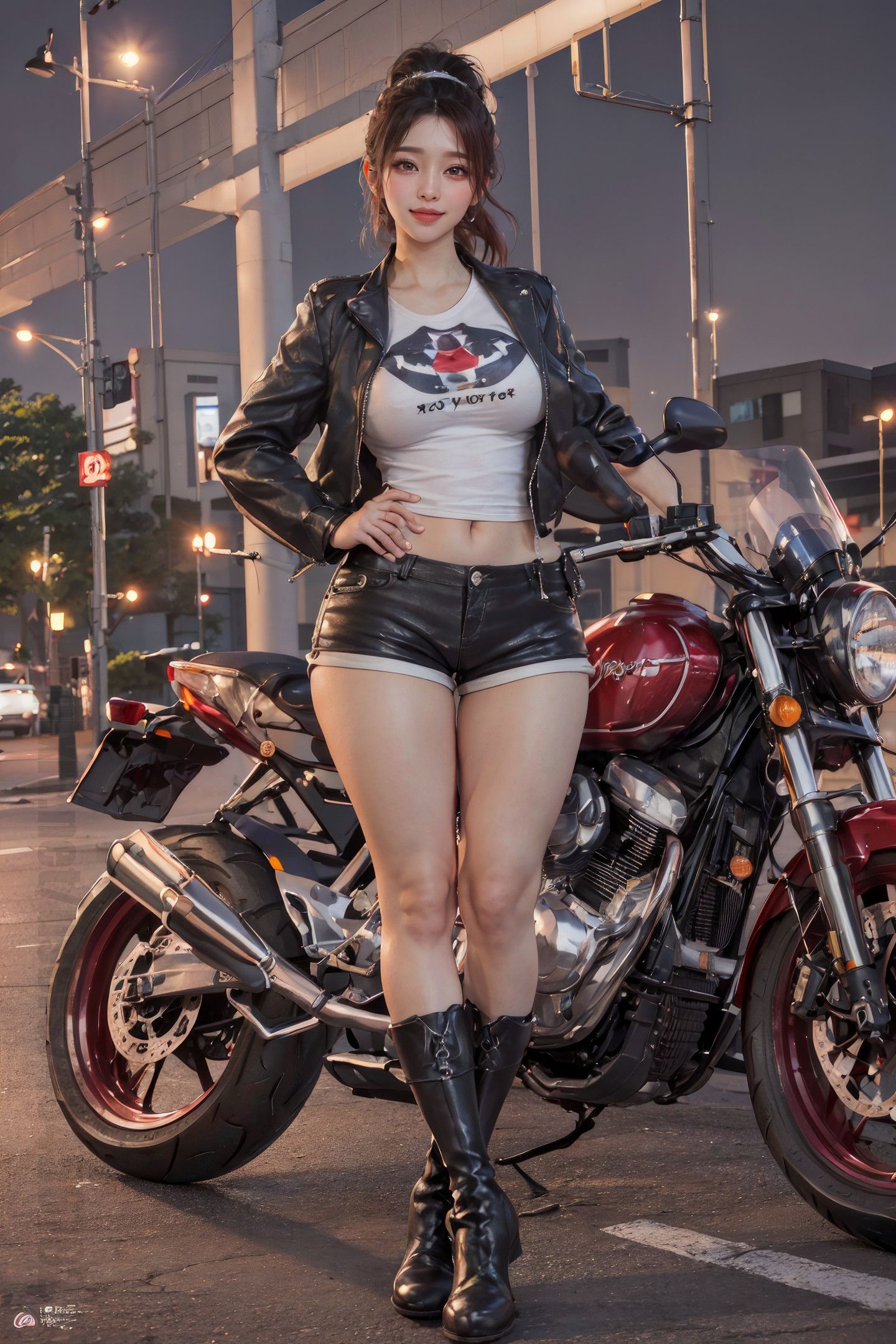 美しい夜空の下のバイク少女