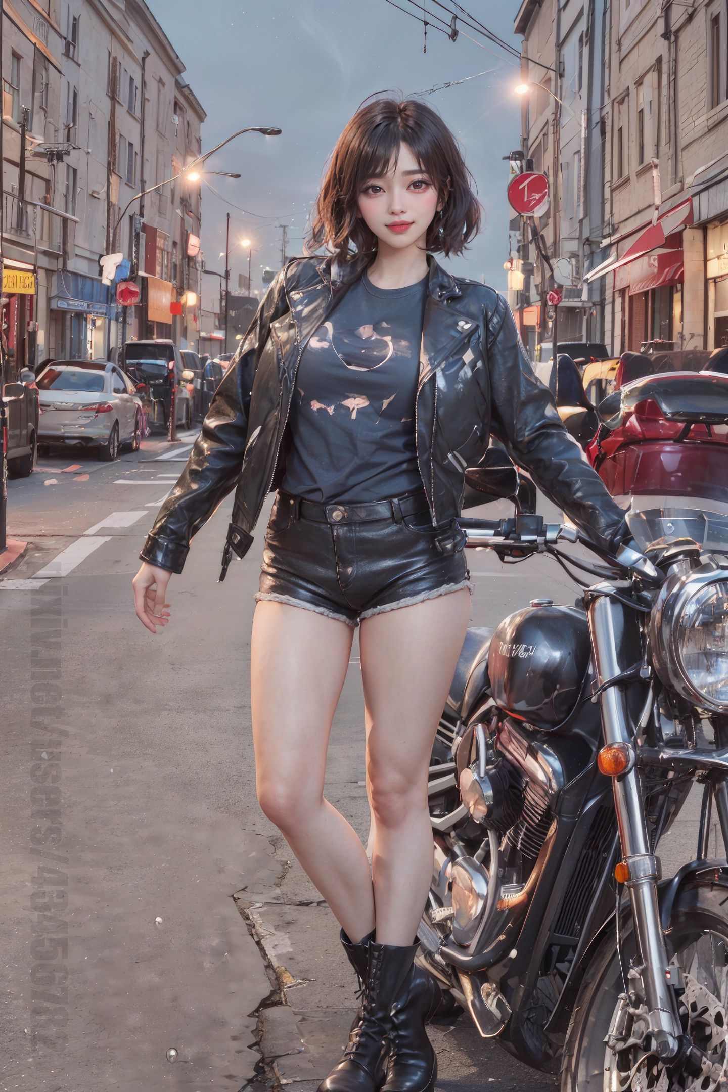 美しい夜空の下のバイク少女