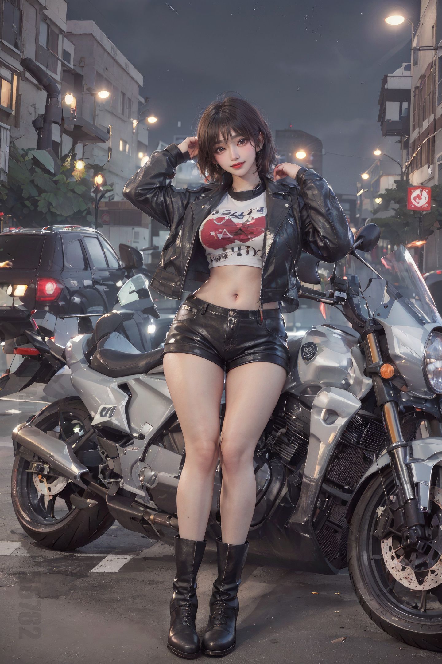 美しい夜空の下のバイク少女