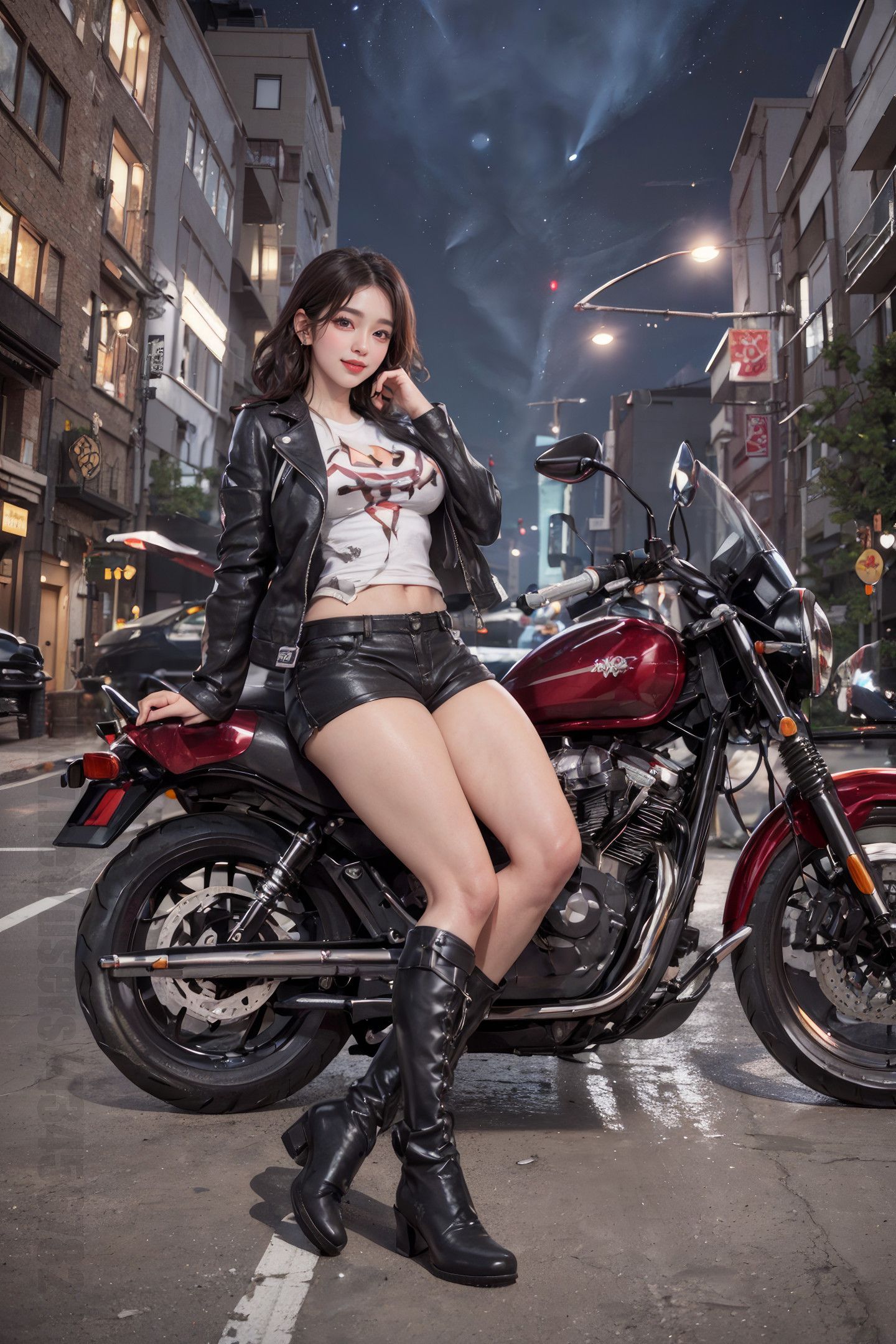 美しい夜空の下のバイク少女