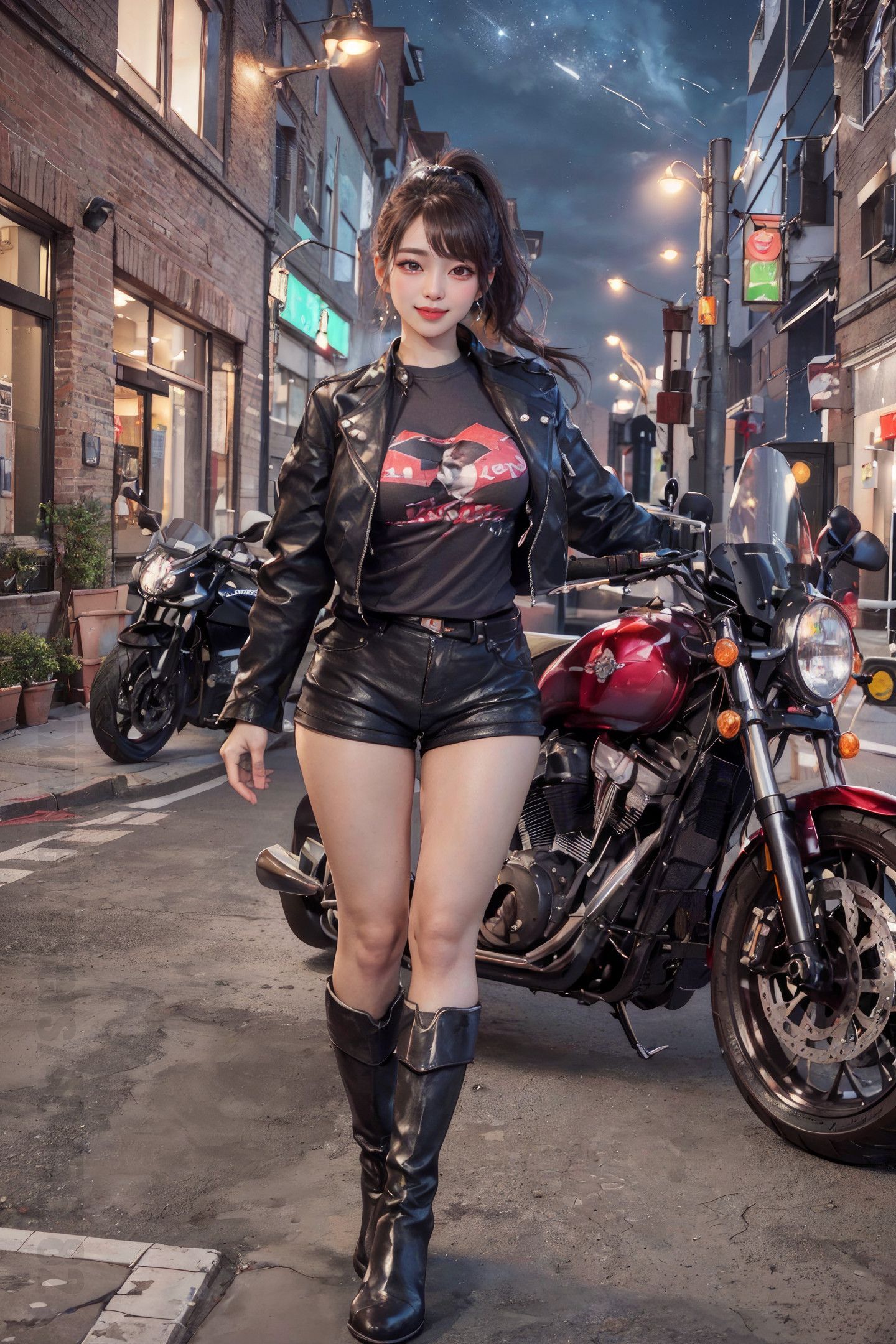 美しい夜空の下のバイク少女