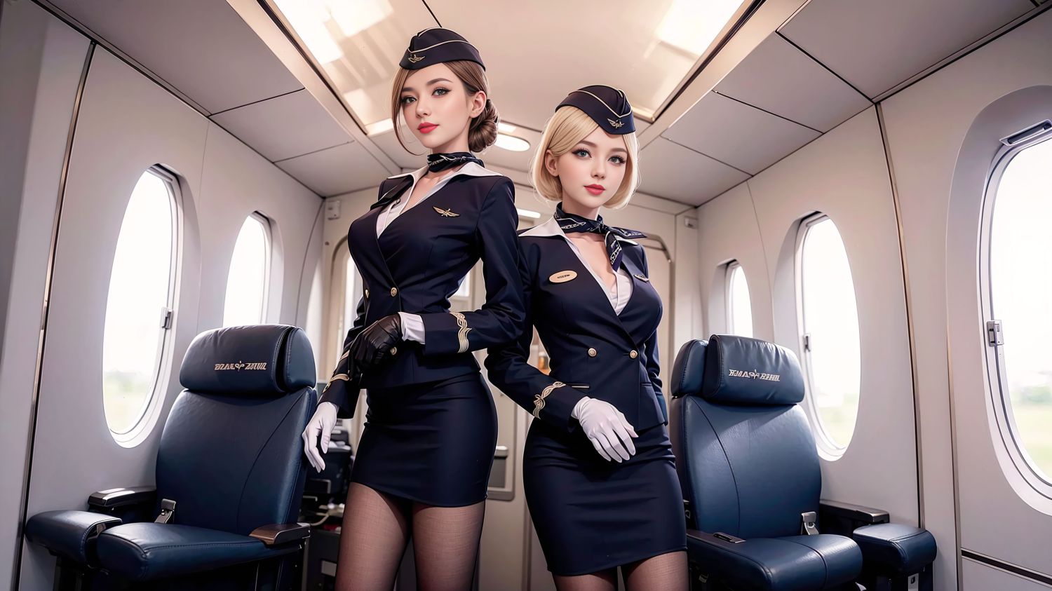 头等舱金发黑丝空姐