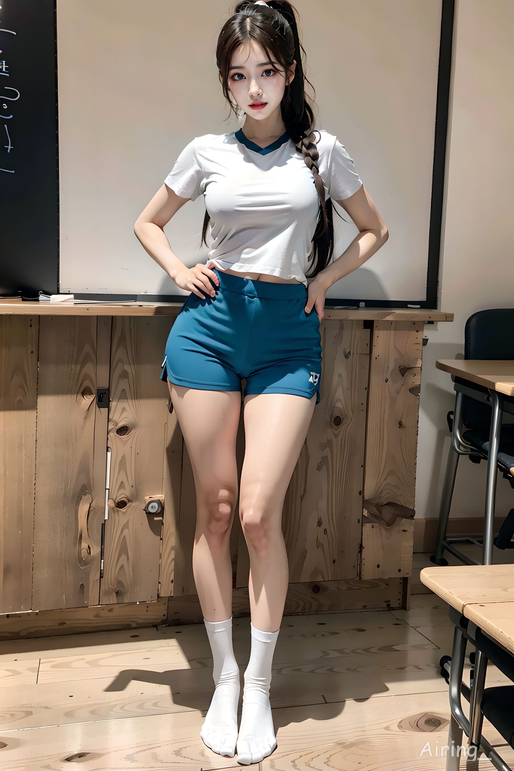 Young girl in classroom gymnastic uniform with a single ponytail