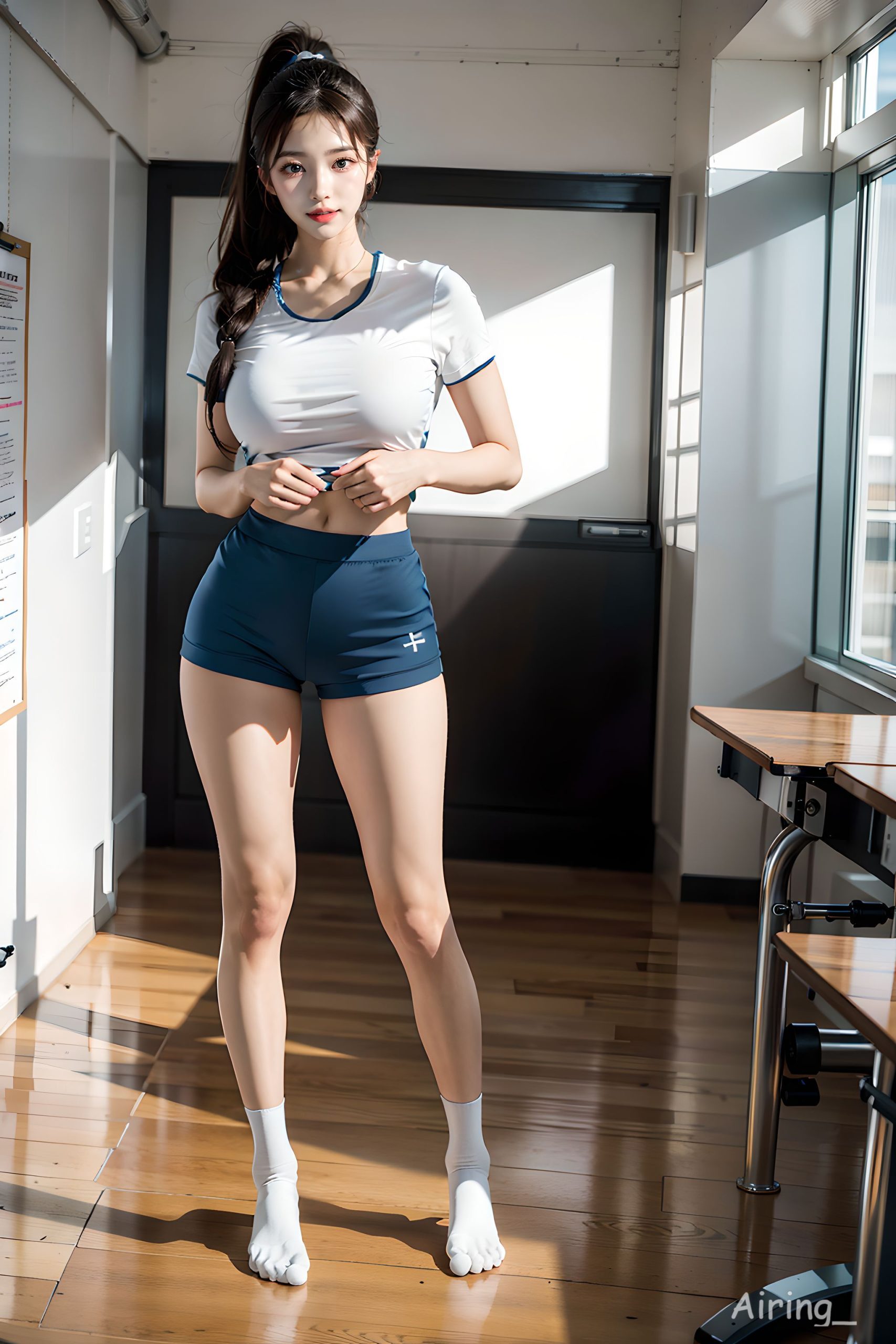 Young girl in classroom gymnastic uniform with a single ponytail