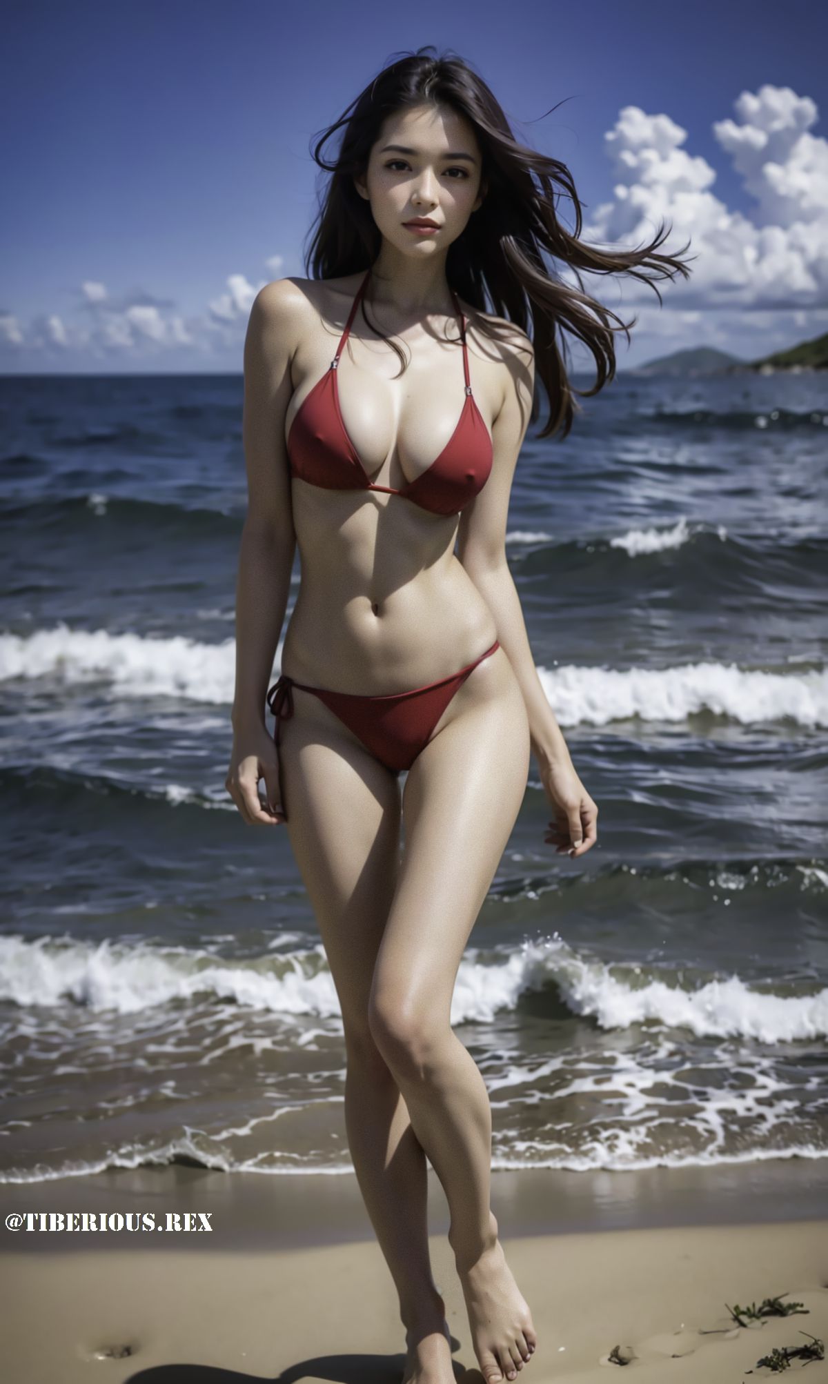 海边红色比基尼泳衣正妹