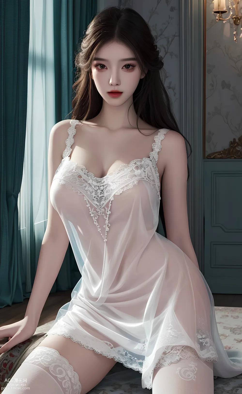 애니메 걸] [위미] 흰색 섹시 레이스 얇은 가제 – AI 회화 고품질 고전풍 도감