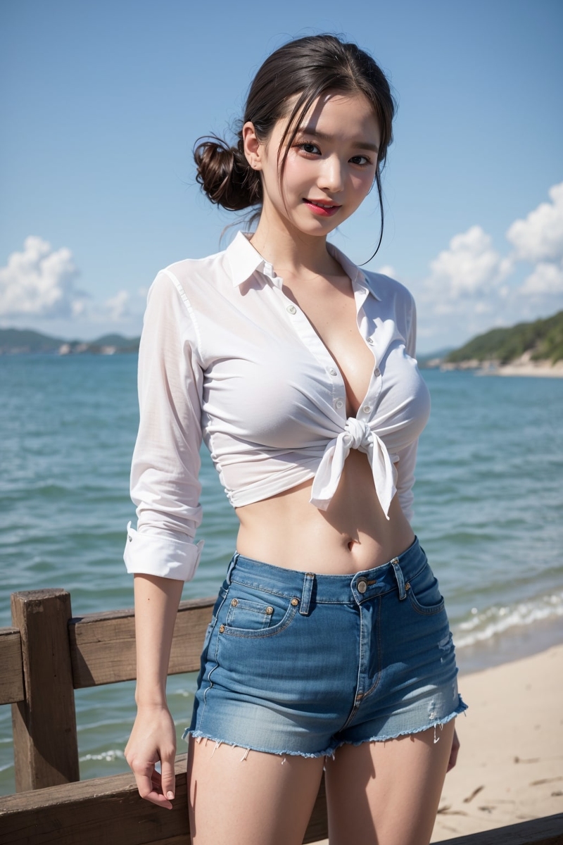 AI Generated ~AiMakeGirl- Hot Pants Jeans, White Shirt (Hot Pants Jeans, White Shirt)