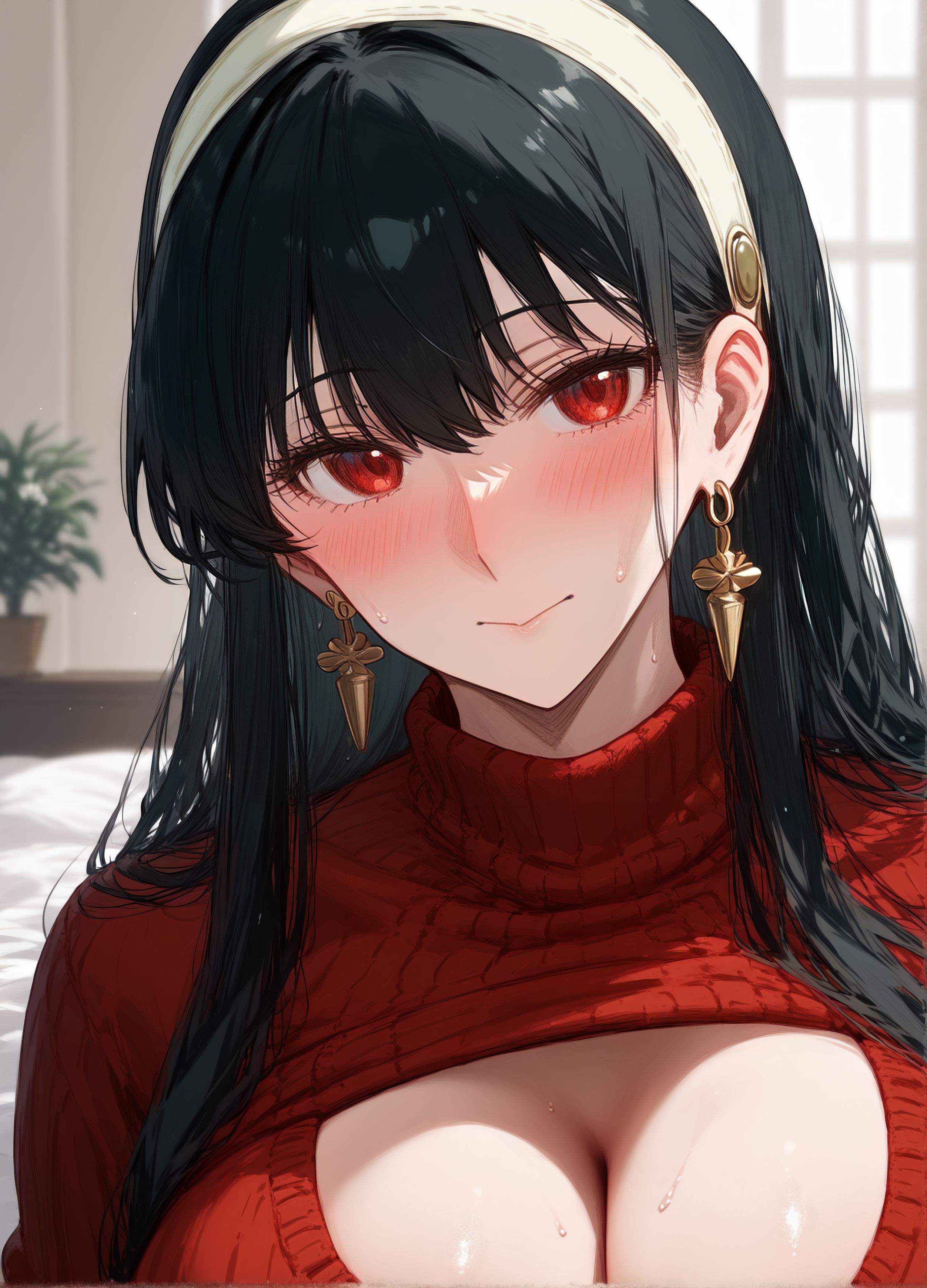 AI Generated - Anime Girl Yor Forger 红裙黑丝蕾丝吊带袜 致命诱惑卧室系列 185P