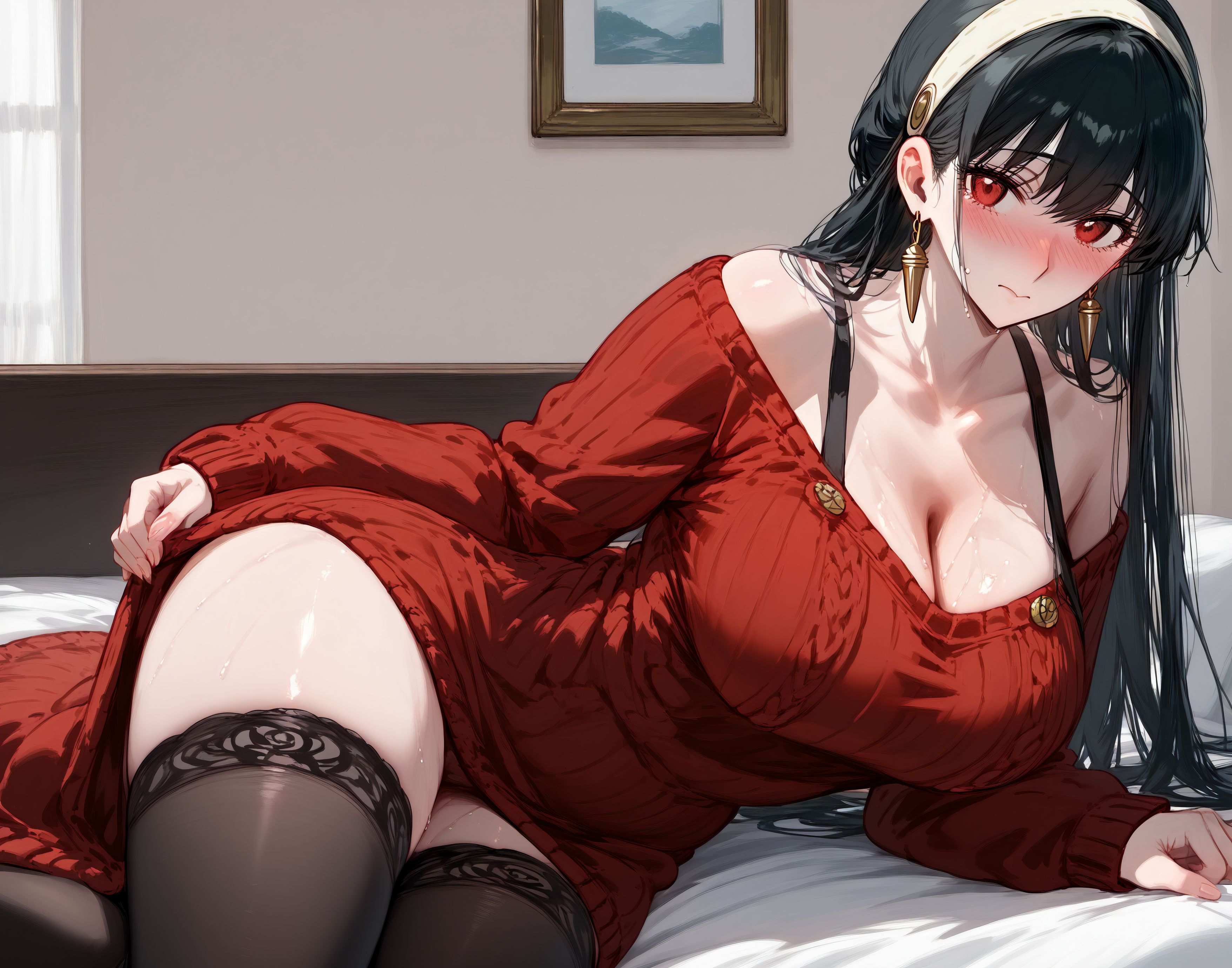 AI Generated - Anime Girl Yor Forger 红裙黑丝蕾丝吊带袜 致命诱惑卧室系列 185P