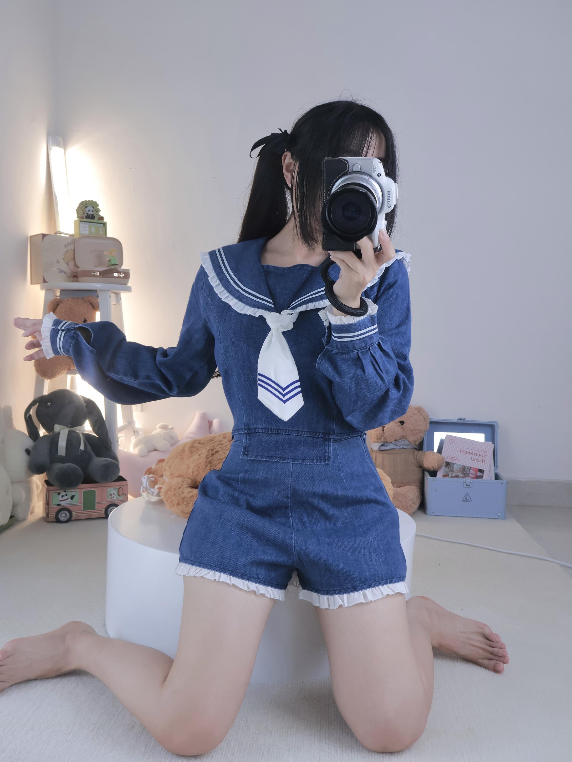 '小羊蛋卷 - Quần Yếm + Tất Trắng Denim Thủy Thủ 22P1V'