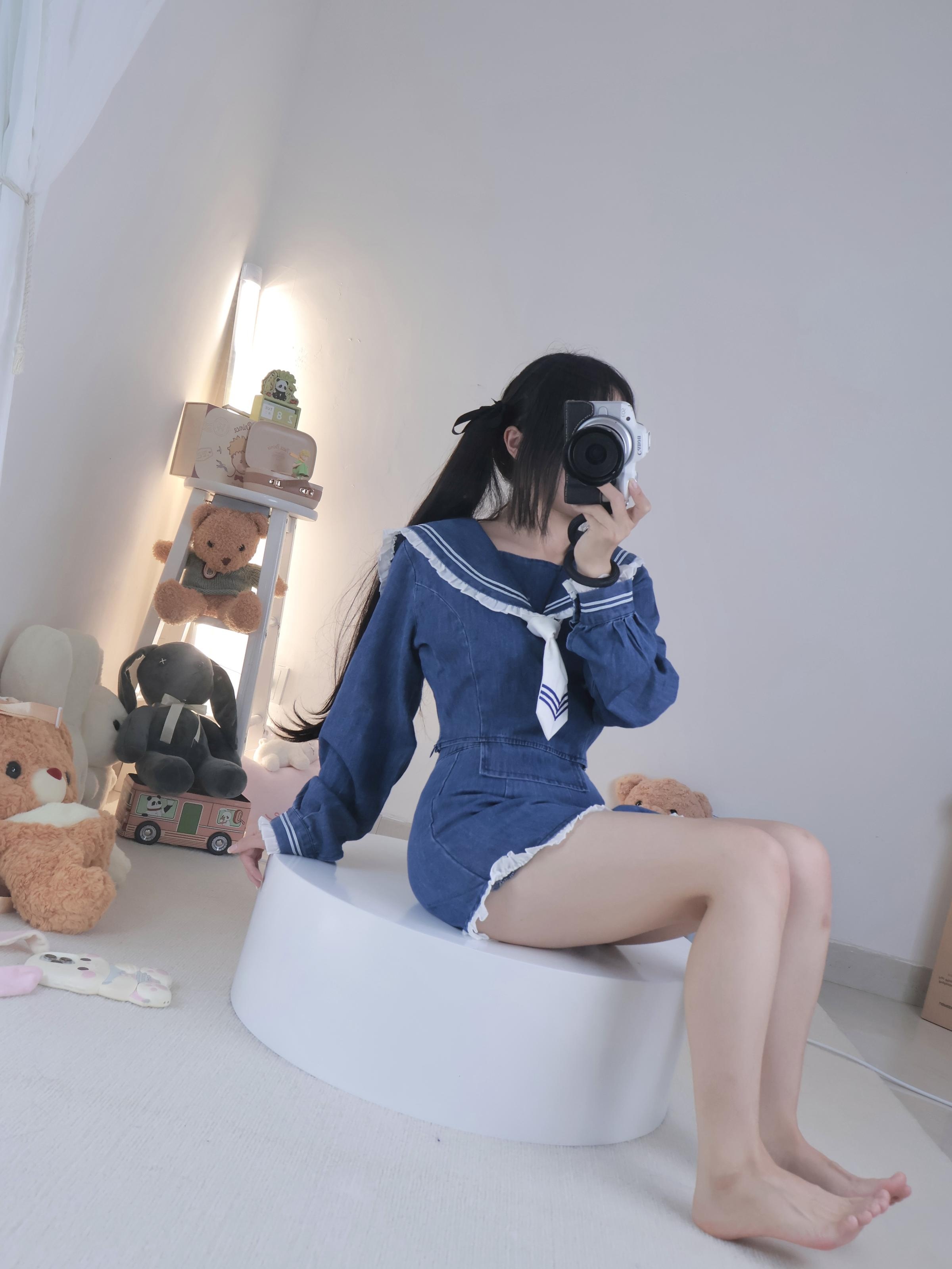'小羊蛋卷 - Quần Yếm + Tất Trắng Denim Thủy Thủ 22P1V'
