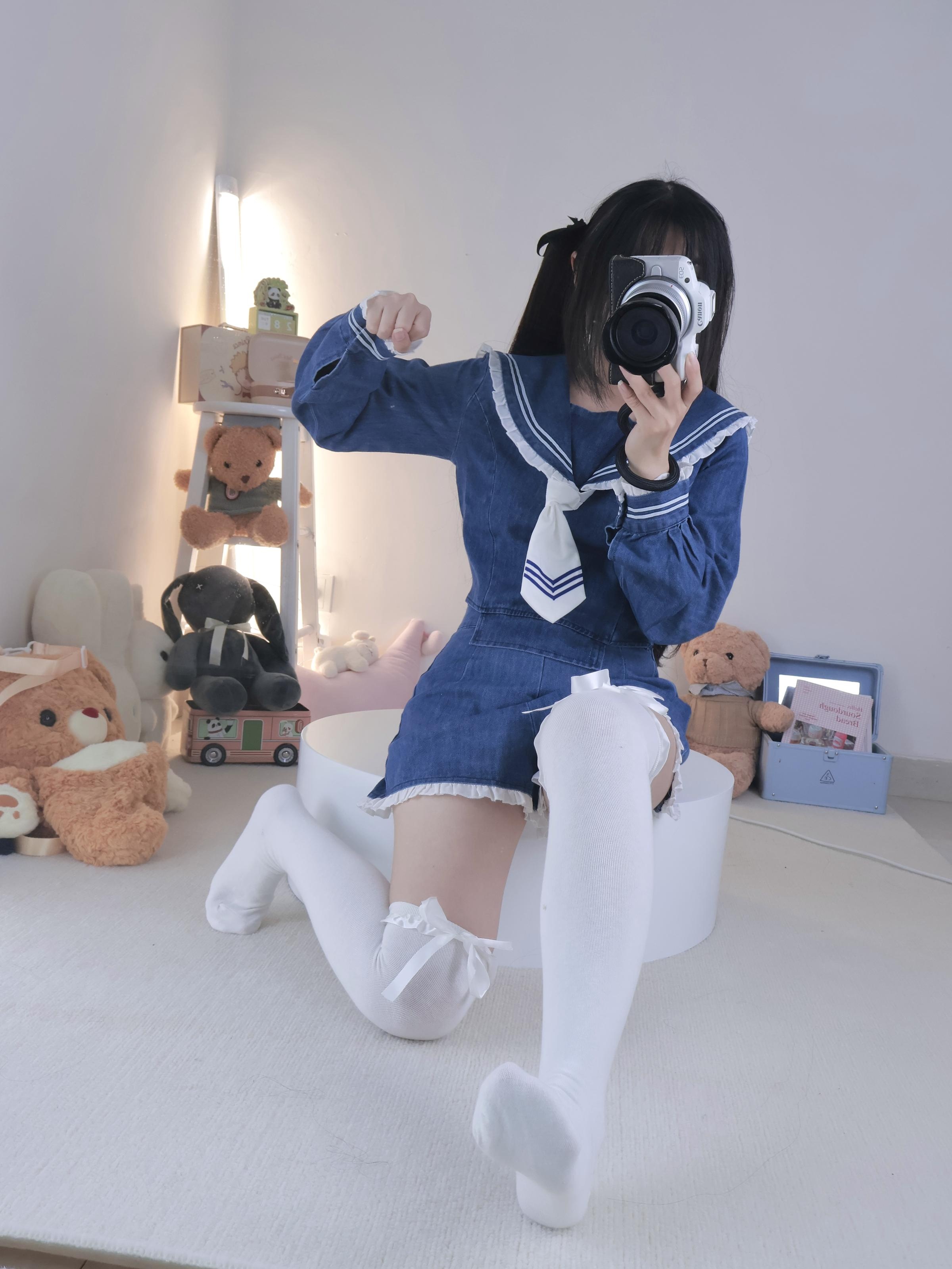 '小羊蛋卷 - Quần Yếm + Tất Trắng Denim Thủy Thủ 22P1V'