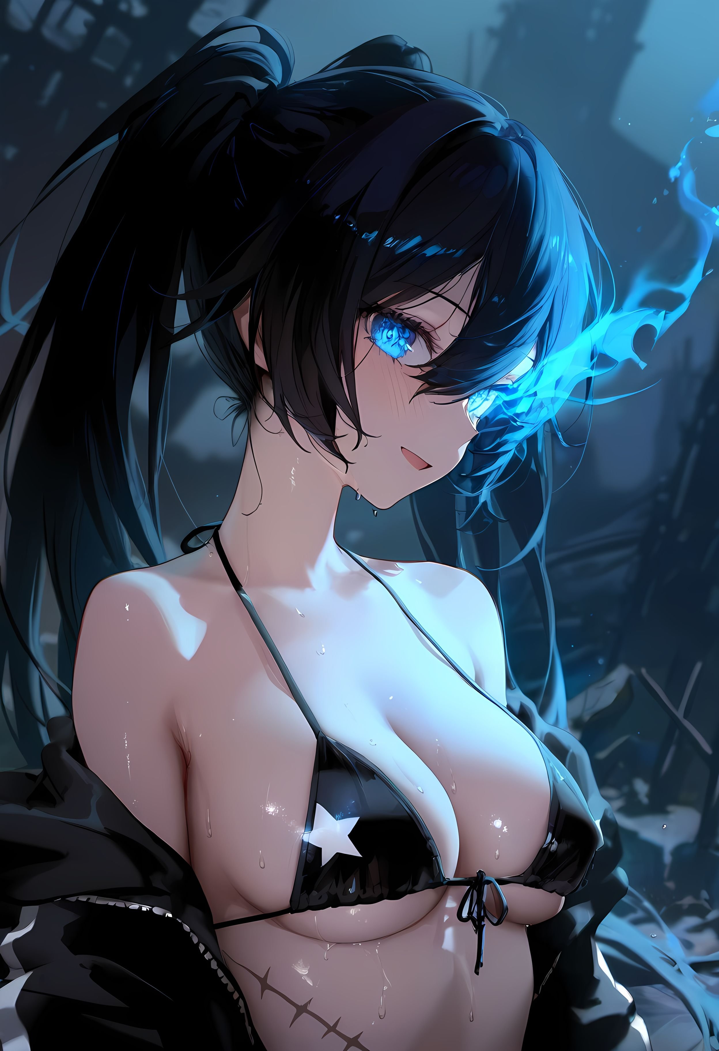 AI Generated Anime Girl - [2D] 黑岩射手：原创动漫黑发蓝眼战斗少女 武器失控的蓝色魅惑 战斗少女的疯狂射击 263P