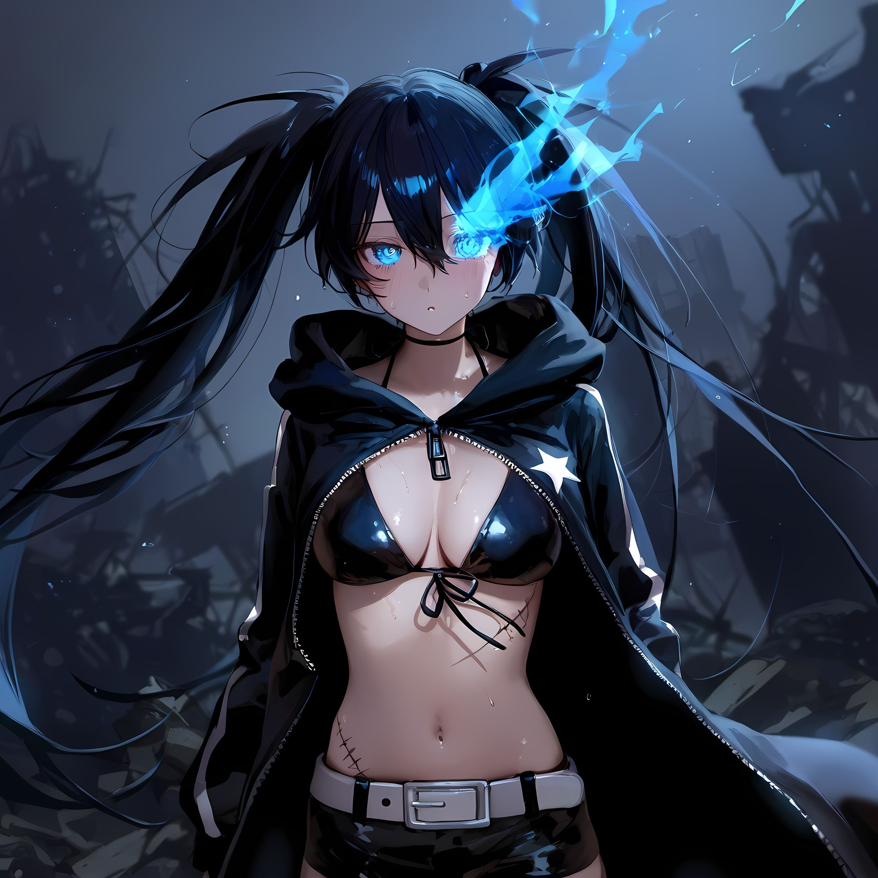 AI Generated Anime Girl - [2D] 黑岩射手：原创动漫黑发蓝眼战斗少女 武器失控的蓝色魅惑 战斗少女的疯狂射击 263P