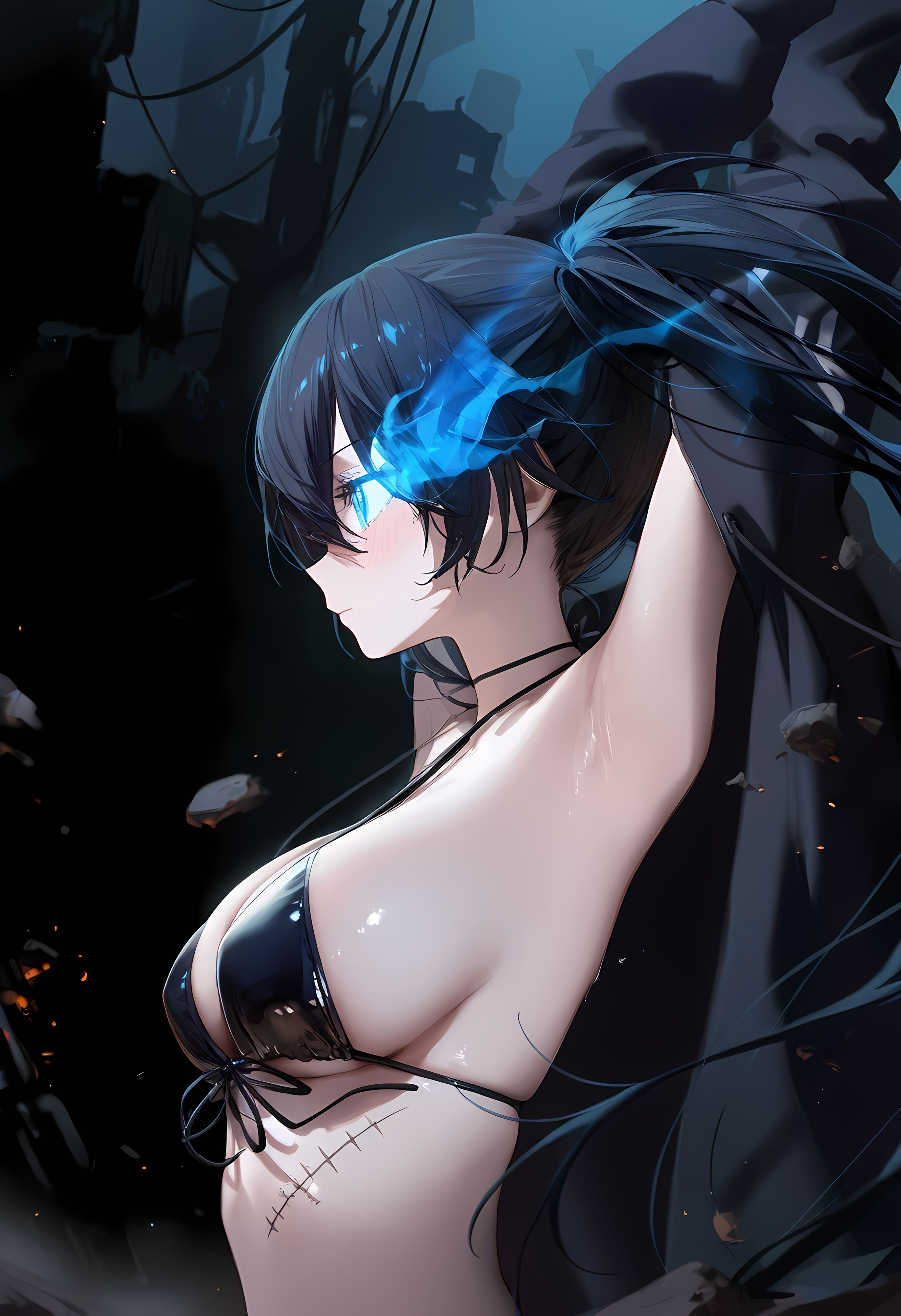 AI Generated Anime Girl - [2D] 黑岩射手：原创动漫黑发蓝眼战斗少女 武器失控的蓝色魅惑 战斗少女的疯狂射击 263P