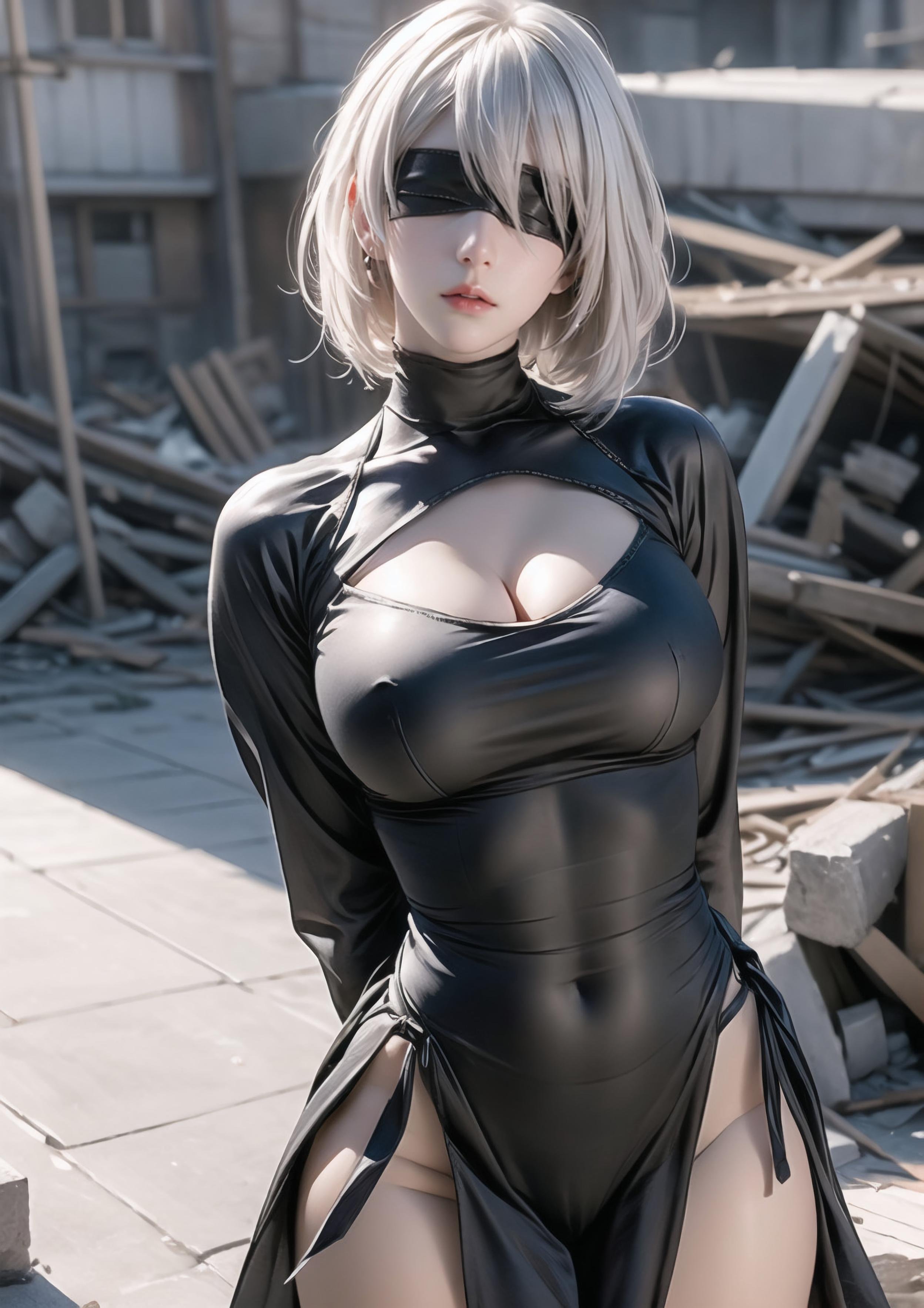 AI Generated Anime Girl - 2B：尼尔机械纪元白虎少女 湿身下撩人姿势展现性感诱惑 70P