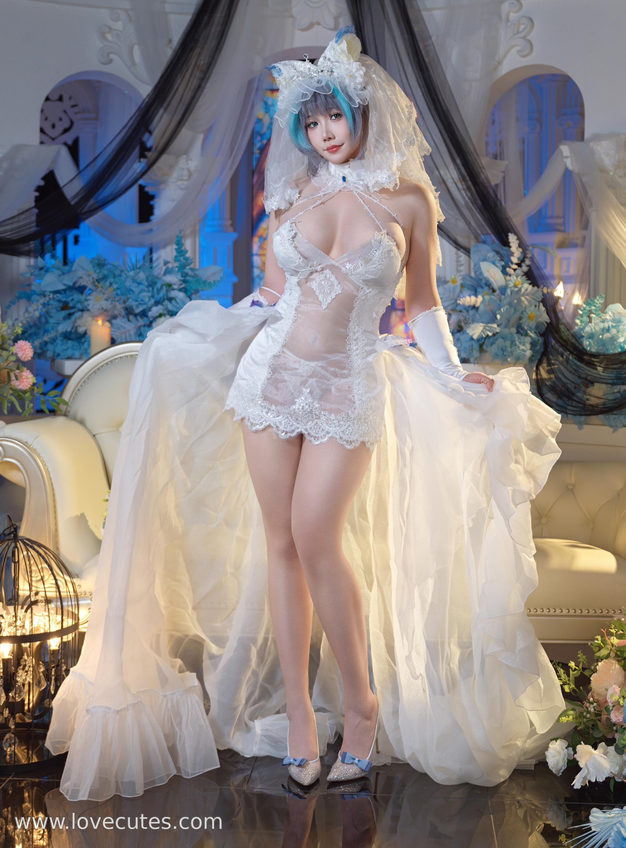 costume] 麻花麻花酱 - 碧蓝航线柴郡: Váy cưới ren kết hợp giày cao gót, cảm giác trang trọng đầy đủ 33P1V