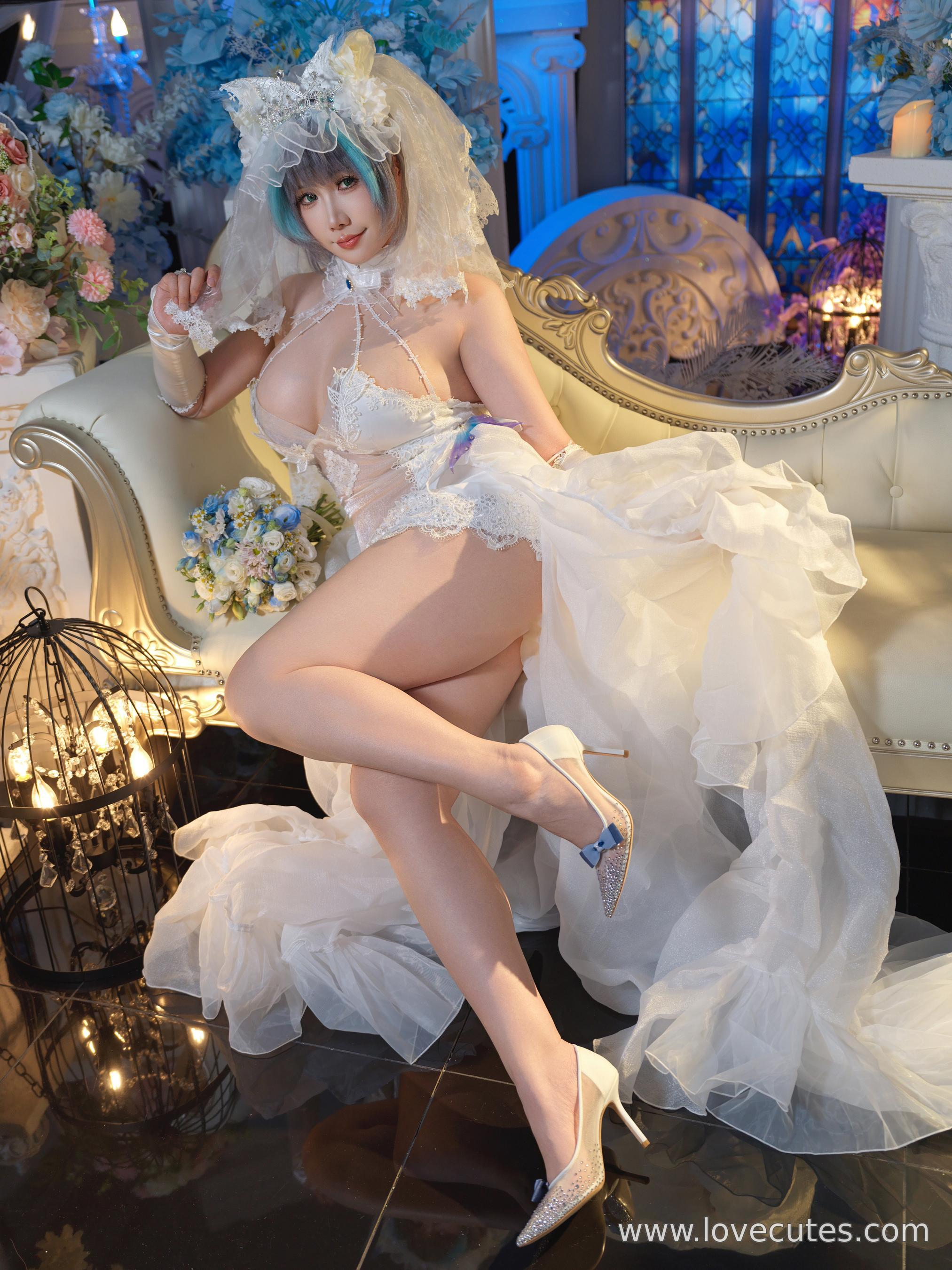costume] 麻花麻花酱 - 碧蓝航线柴郡: Váy cưới ren kết hợp giày cao gót, cảm giác trang trọng đầy đủ 33P1V