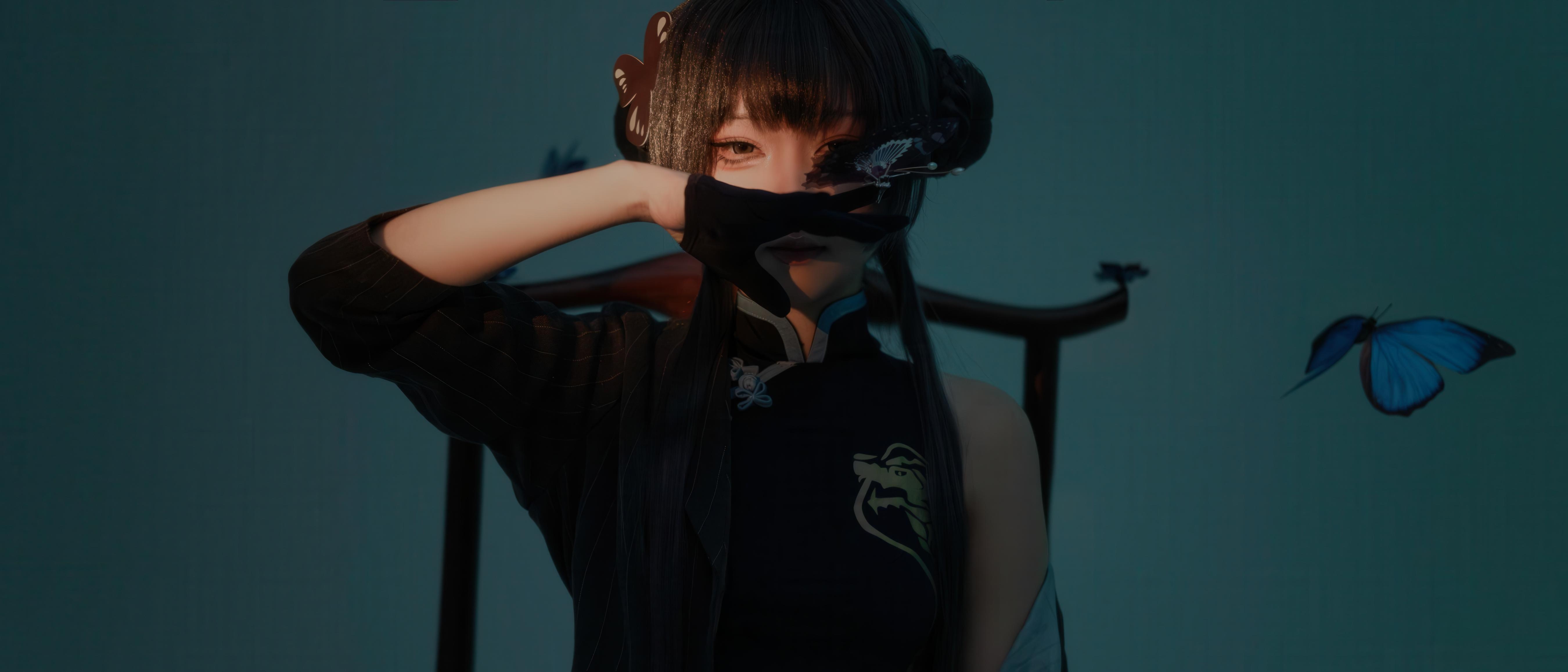 [cosplay] 矢量鱼 - 蔚蓝档案 龙华妃咲：中式旗袍造型与蓝蝶元素交织 冷艳气质下的角色还原 24P