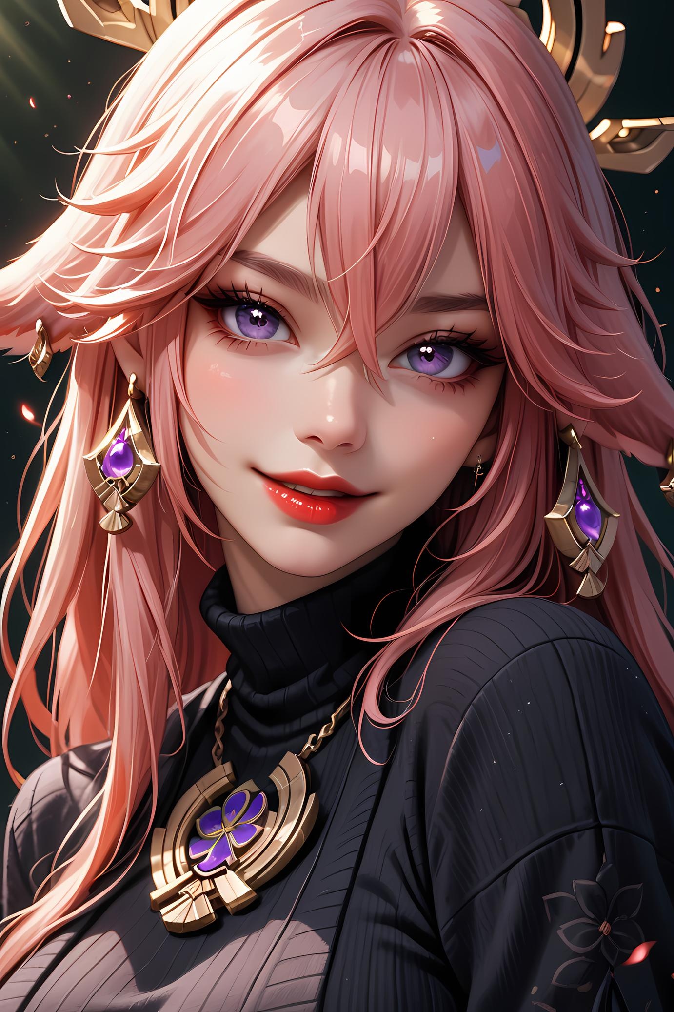 AI Generated Anime Girl - 原神 八重神子：粉发巨乳近景特写 28P
