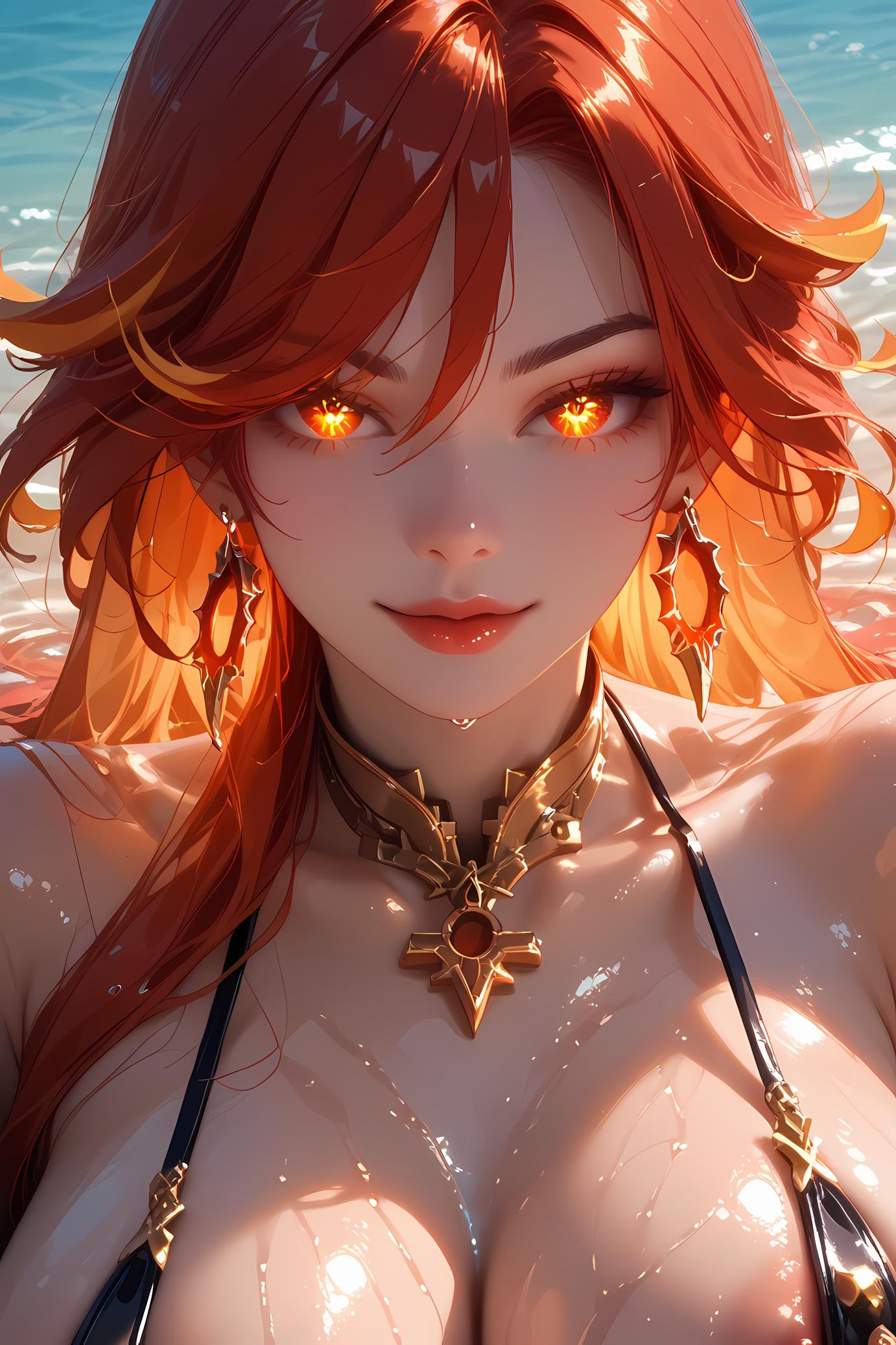 AI Generated Anime Girl - 原神 玛薇卡：红发深V爆乳特写 37P