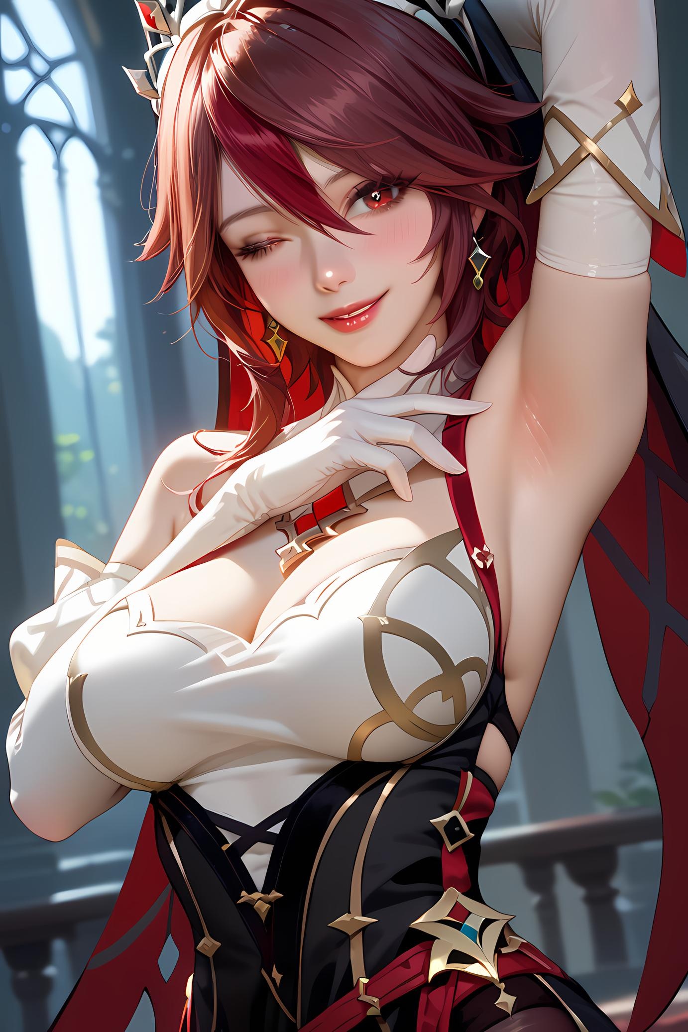 AI Generated Anime Girl - 原神 罗莎莉亚：酒红长发深V爆乳 28P